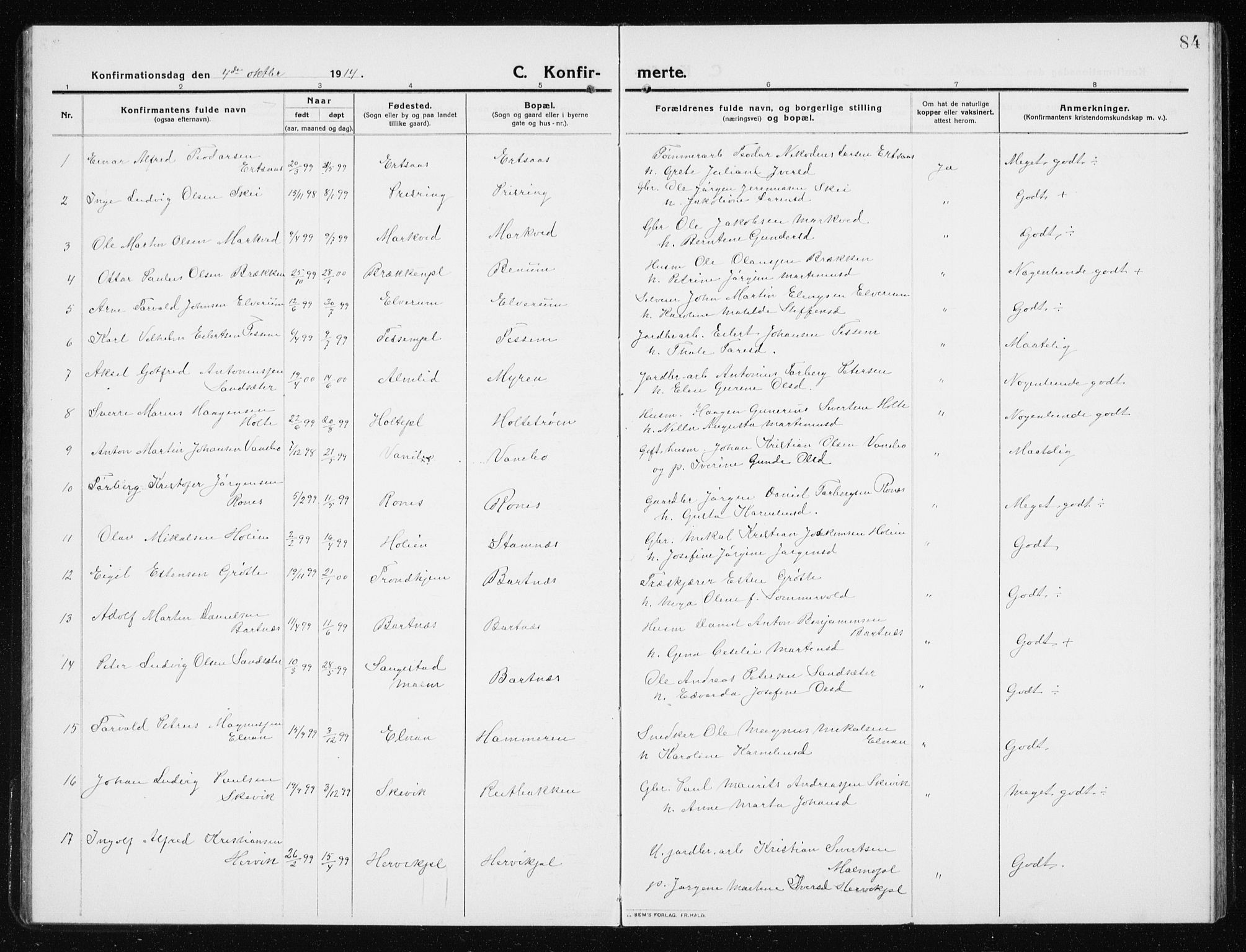 Ministerialprotokoller, klokkerbøker og fødselsregistre - Nord-Trøndelag, SAT/A-1458/741/L0402: Parish register (copy) no. 741C03, 1911-1926, p. 84
