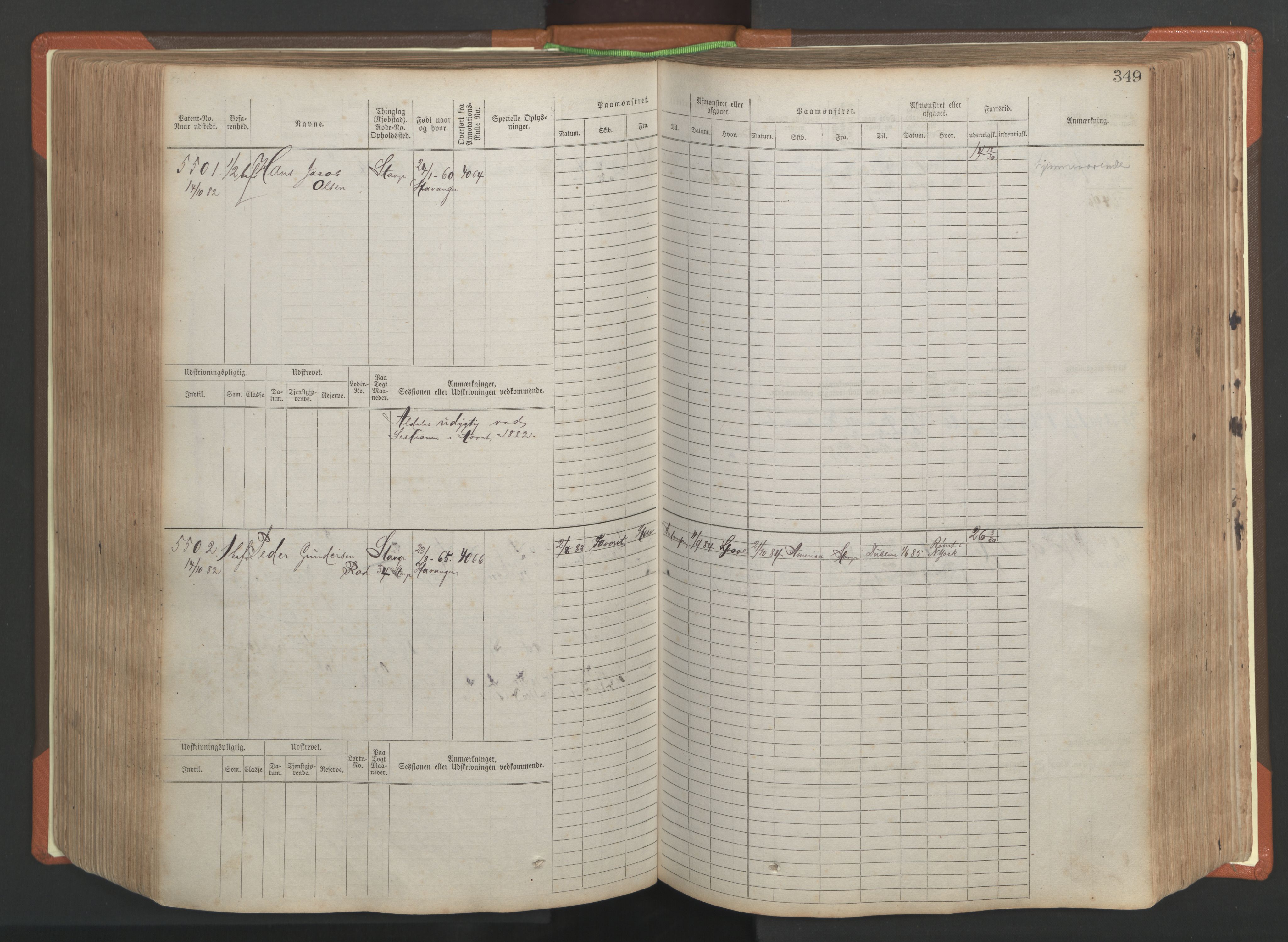 Stavanger sjømannskontor, SAST/A-102006/F/Fb/Fbb/L0009: Sjøfartshovedrulle, patentnr. 4805-6006, 1879-1887, p. 355