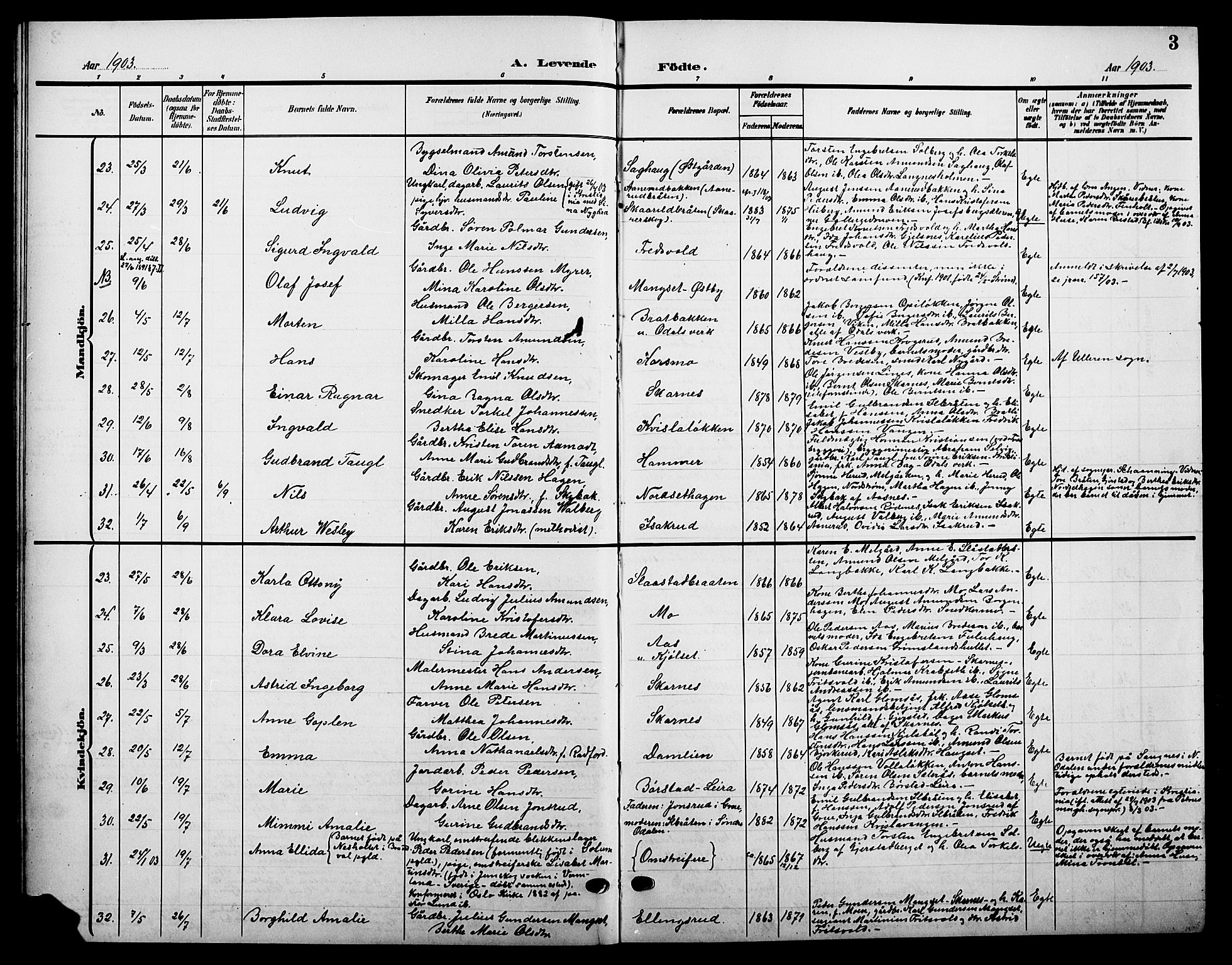 Sør-Odal prestekontor, AV/SAH-PREST-030/H/Ha/Hab/L0005: Parish register (copy) no. 5, 1903-1915, p. 3