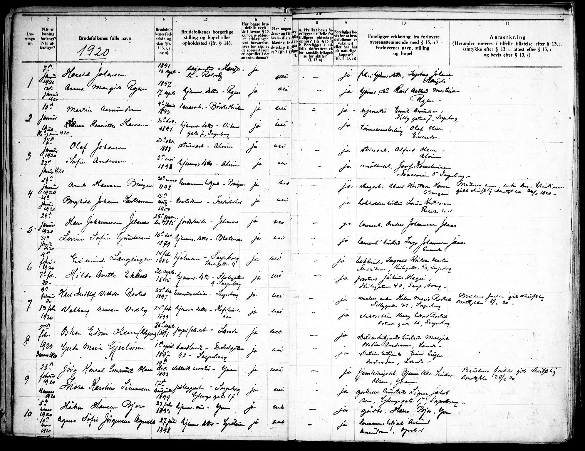 Tune prestekontor Kirkebøker, AV/SAO-A-2007/H/Ha/L0001: Banns register no. I 1, 1919-1946