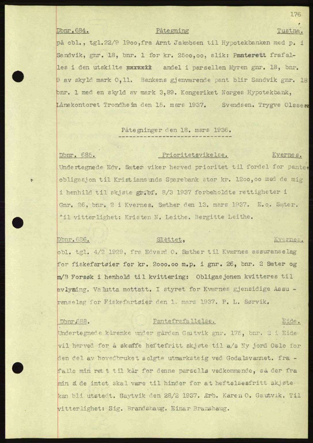 Nordmøre sorenskriveri, AV/SAT-A-4132/1/2/2Ca: Mortgage book no. C80, 1936-1939, Diary no: : 684/1937