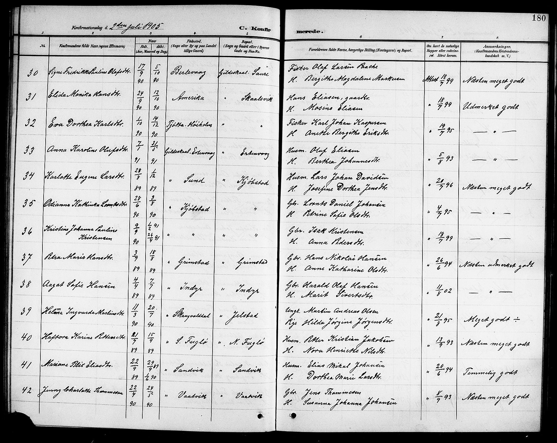 Ministerialprotokoller, klokkerbøker og fødselsregistre - Nordland, SAT/A-1459/805/L0109: Parish register (copy) no. 805C05, 1900-1911, p. 180