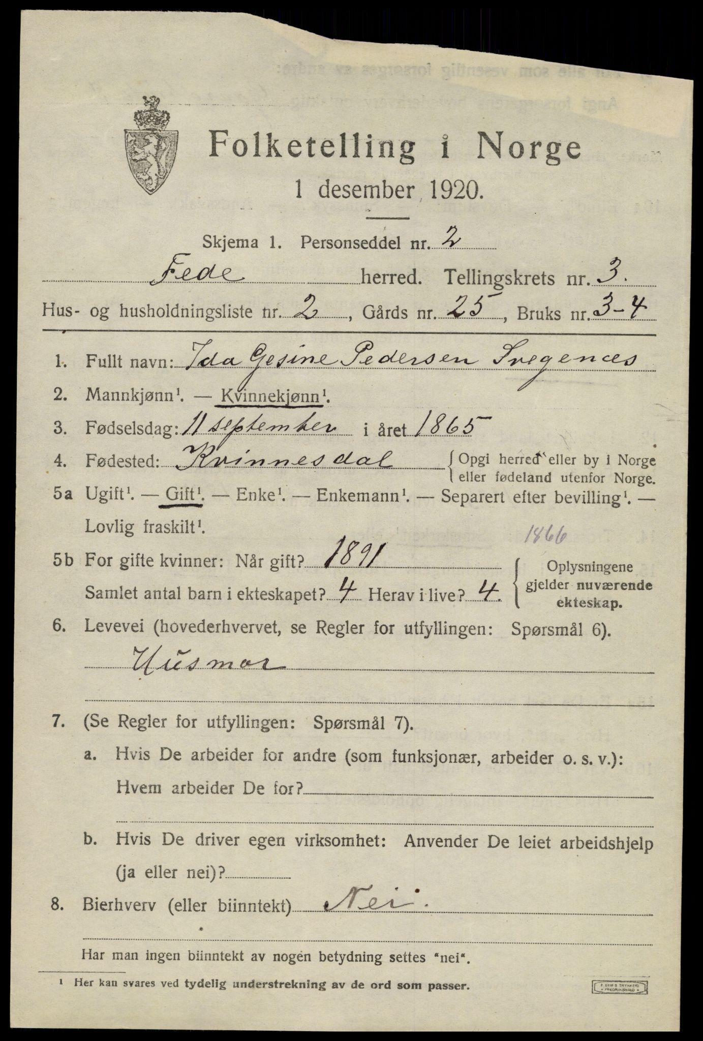 SAK, 1920 census for Feda, 1920, p. 1721