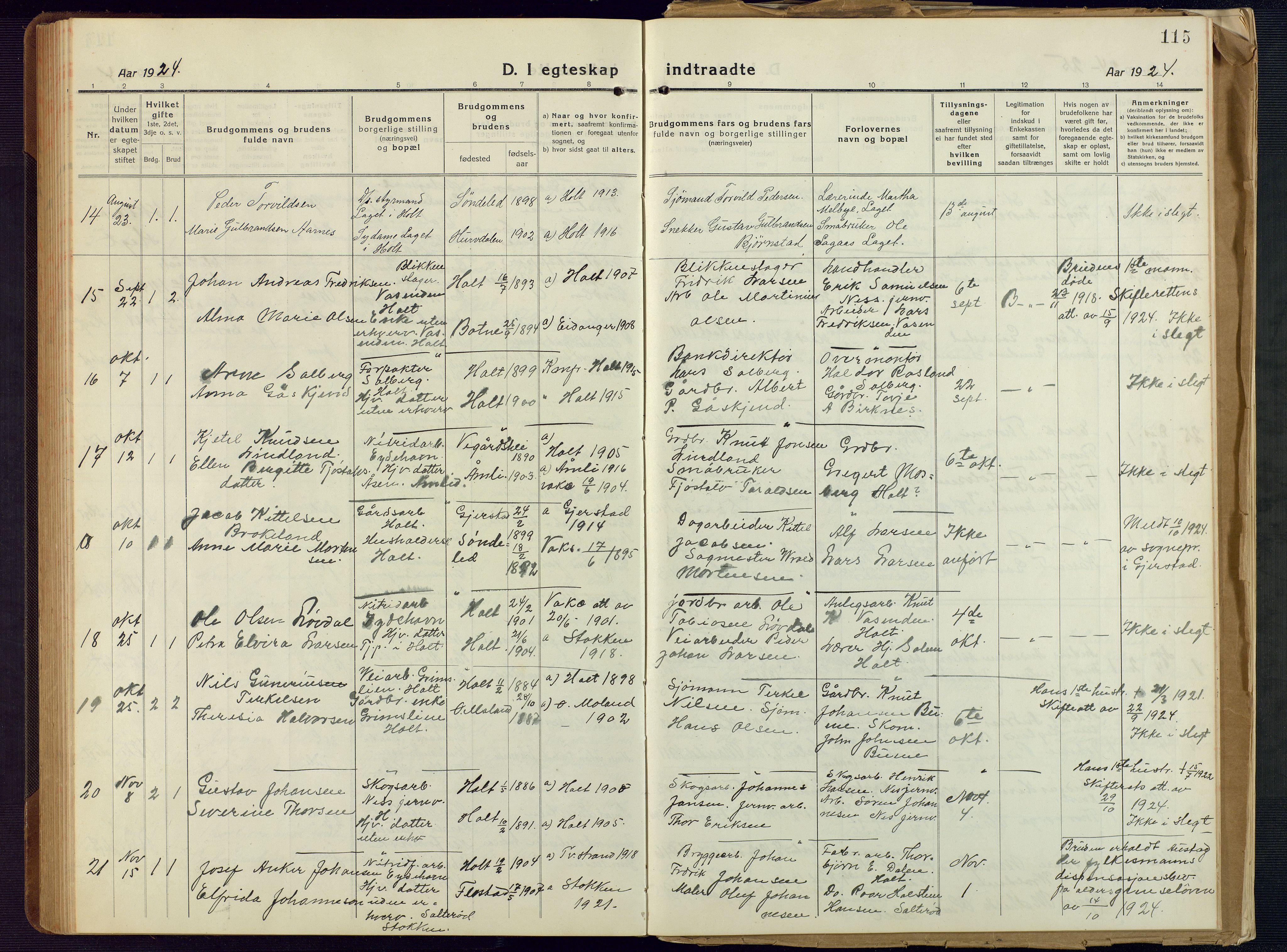 Holt sokneprestkontor, SAK/1111-0021/F/Fb/L0012: Parish register (copy) no. B 12, 1919-1944, p. 115