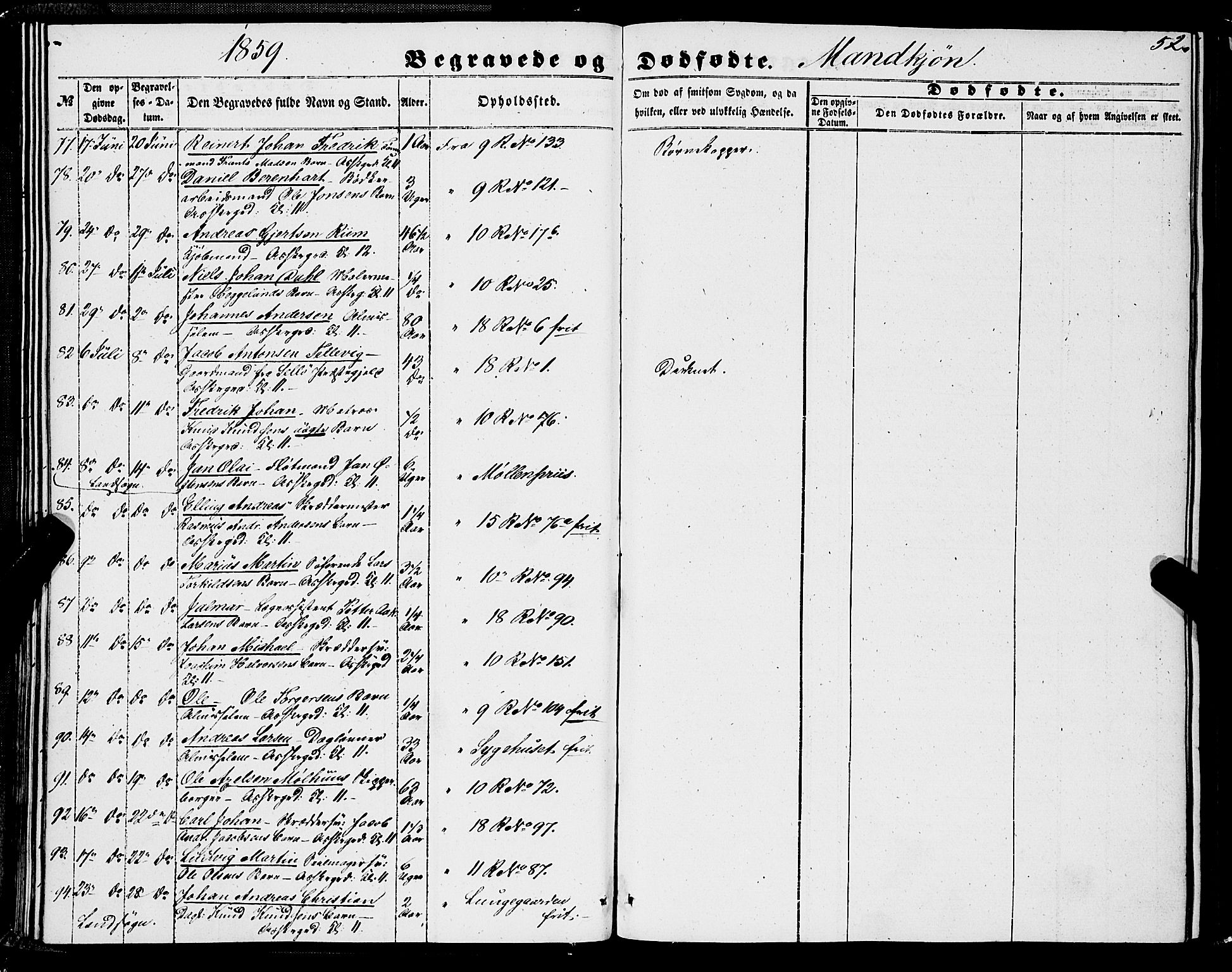 Domkirken sokneprestembete, AV/SAB-A-74801/H/Haa/L0041: Parish register (official) no. E 2, 1853-1863, p. 52