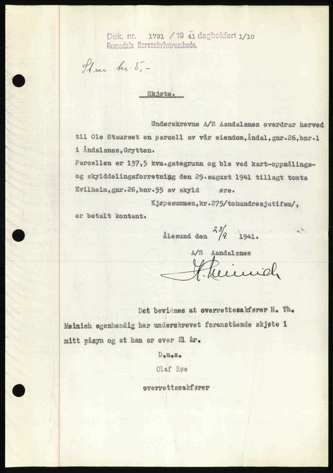 Romsdal sorenskriveri, AV/SAT-A-4149/1/2/2C: Mortgage book no. A11, 1941-1942, Diary no: : 1791/1941