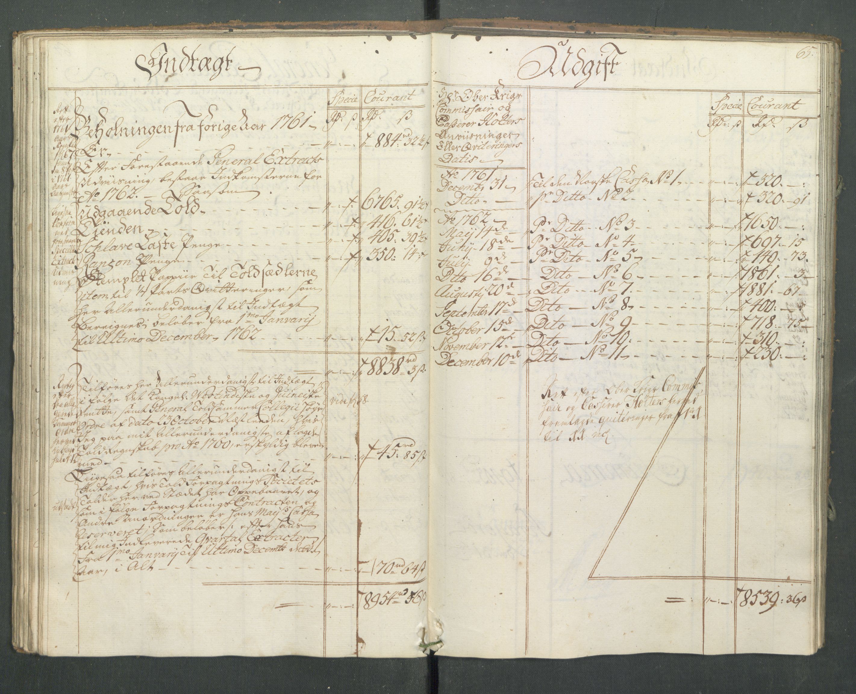 Generaltollkammeret, tollregnskaper, AV/RA-EA-5490/R13/L0033/0001: Tollregnskaper Kragerø / Utgående hovedtollbok, 1762, p. 64b-65a