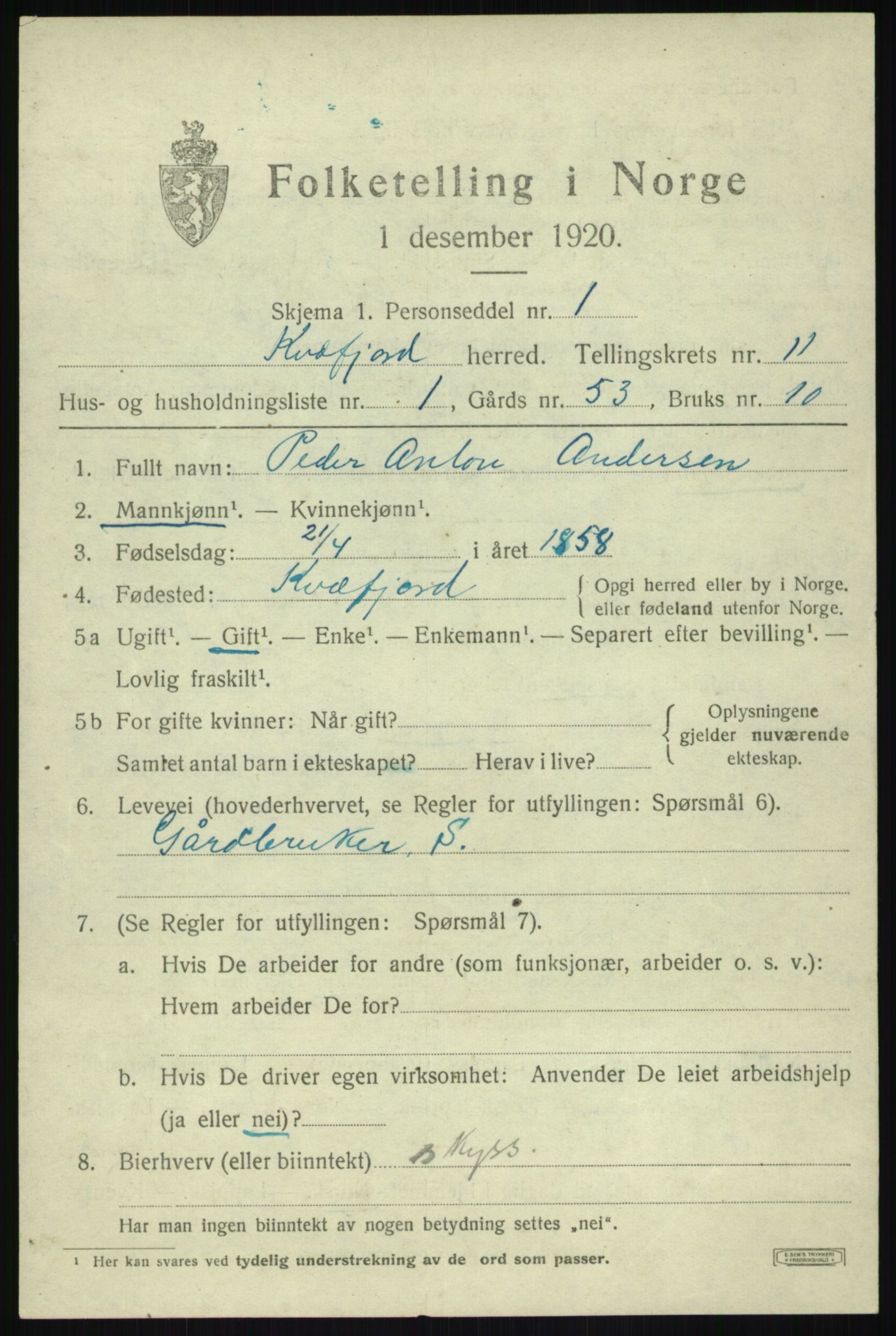 SATØ, 1920 census for Kvæfjord, 1920, p. 4907