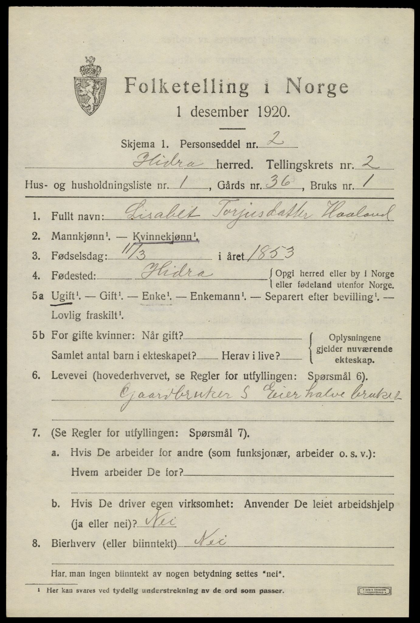 SAK, 1920 census for Hidra, 1920, p. 1164