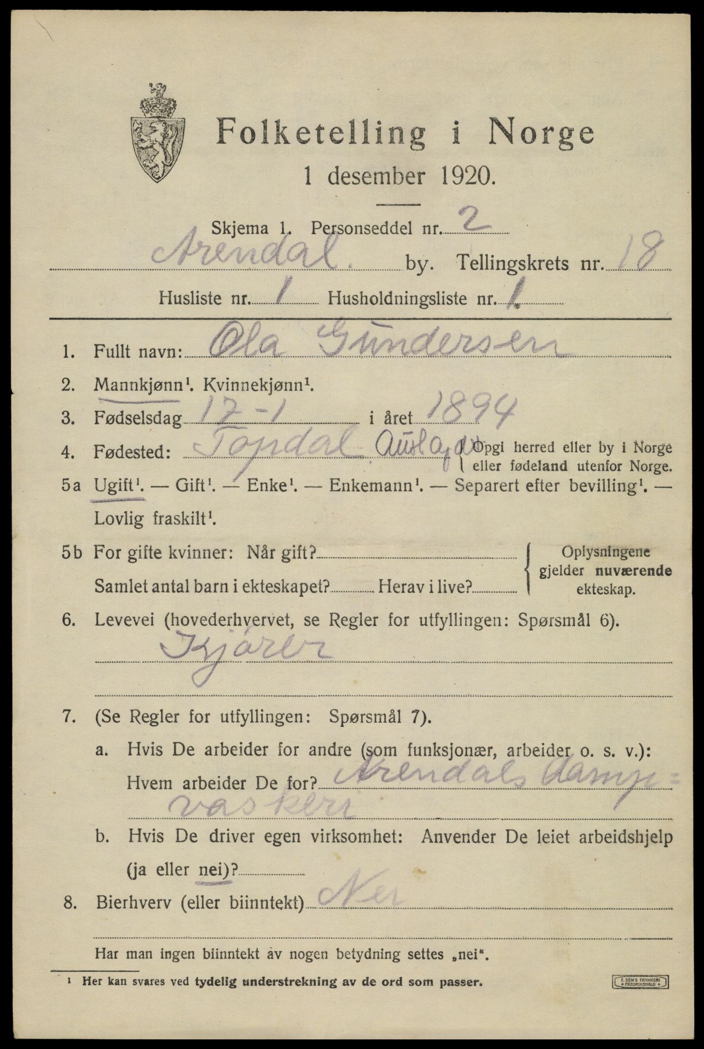 SAK, 1920 census for Arendal, 1920, p. 24940