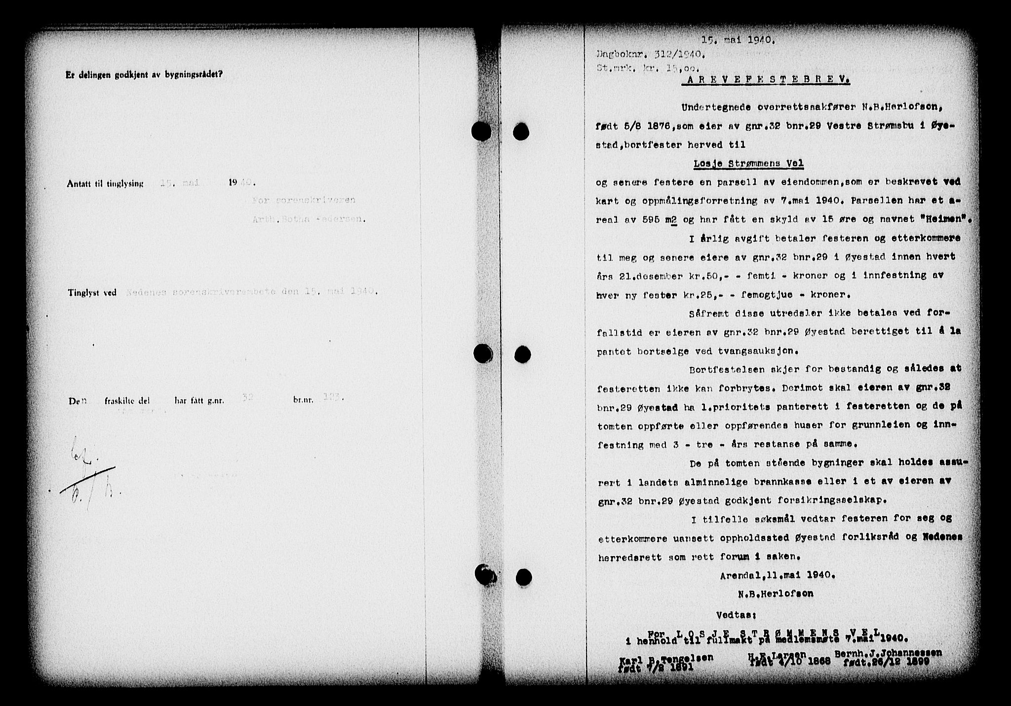 Nedenes sorenskriveri, SAK/1221-0006/G/Gb/Gba/L0047: Mortgage book no. A-I, 1939-1940, Diary no: : 312/1940
