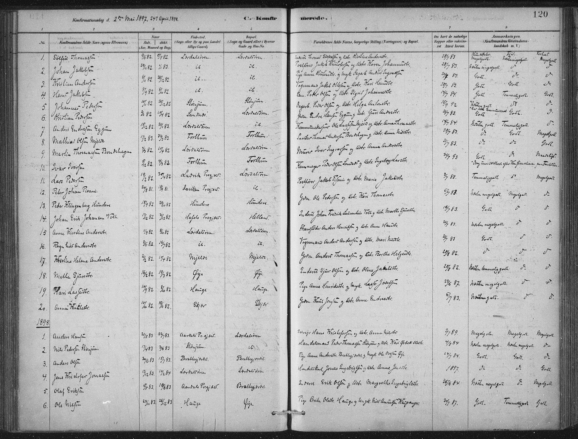 Lærdal sokneprestembete, AV/SAB-A-81201: Parish register (official) no. D  1, 1878-1908, p. 120