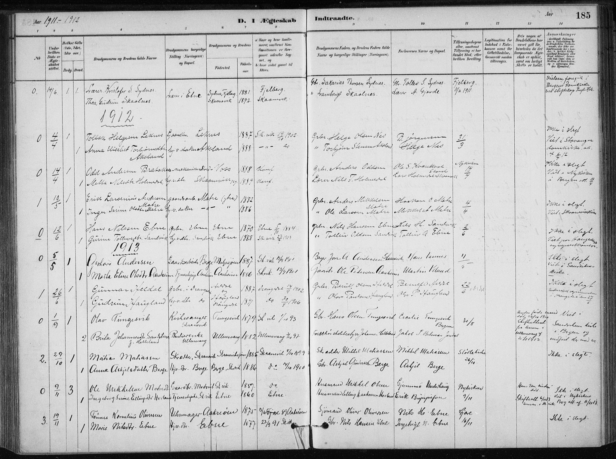 Skånevik sokneprestembete, SAB/A-77801/H/Haa: Parish register (official) no. B 1, 1879-1914, p. 185