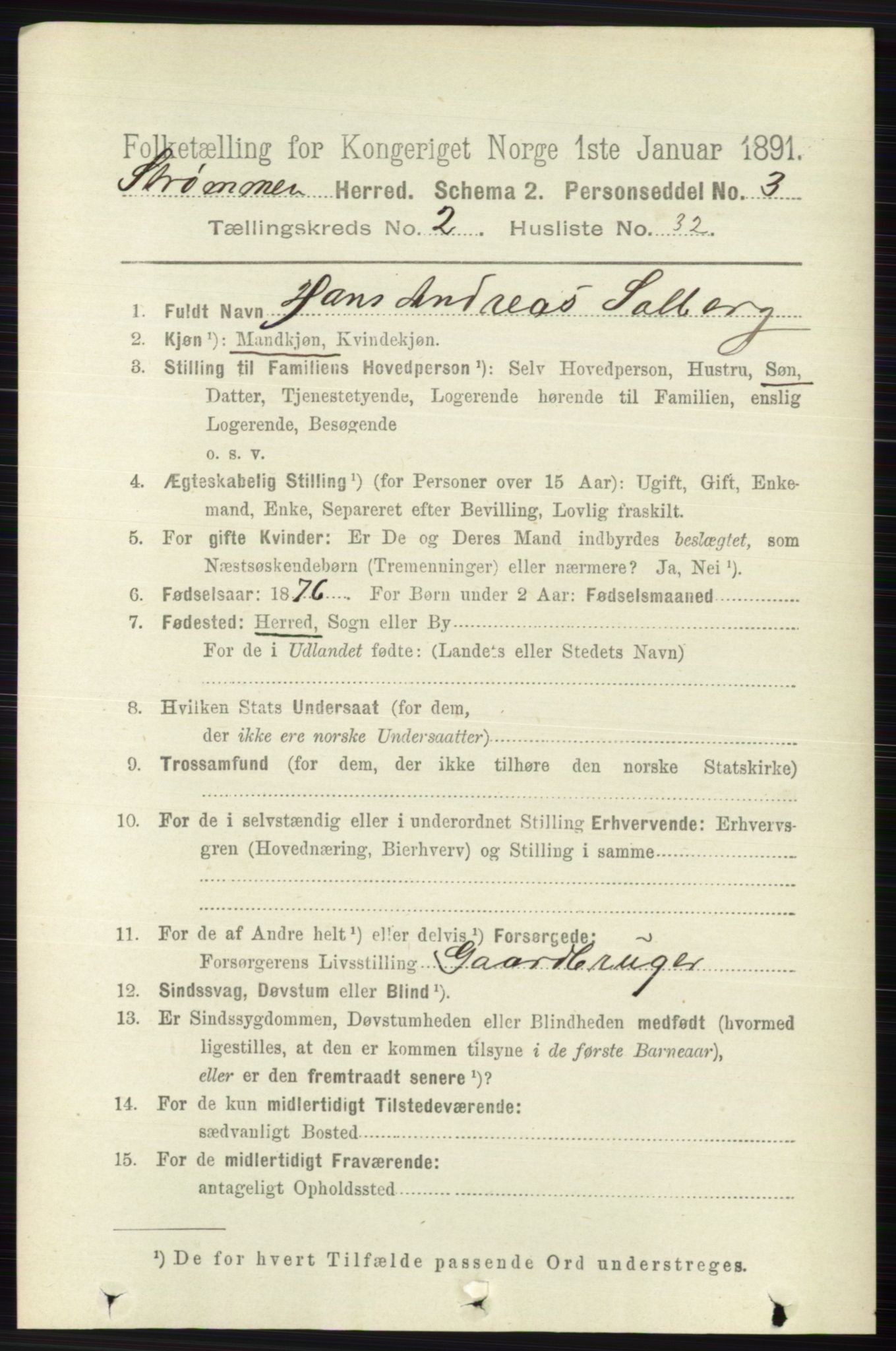 RA, 1891 census for 0711 Strømm, 1891, p. 881