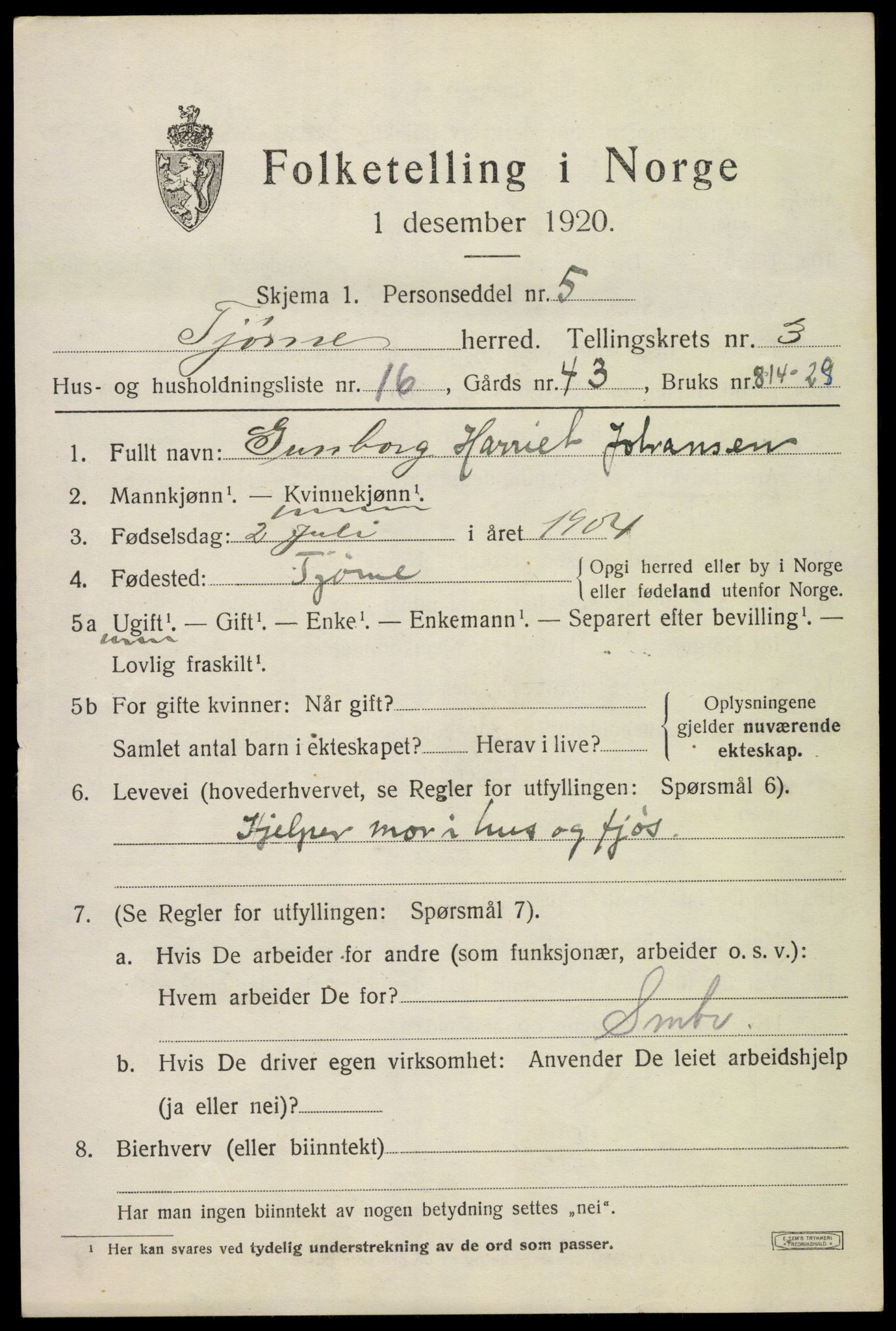 SAKO, 1920 census for Tjøme, 1920, p. 4919