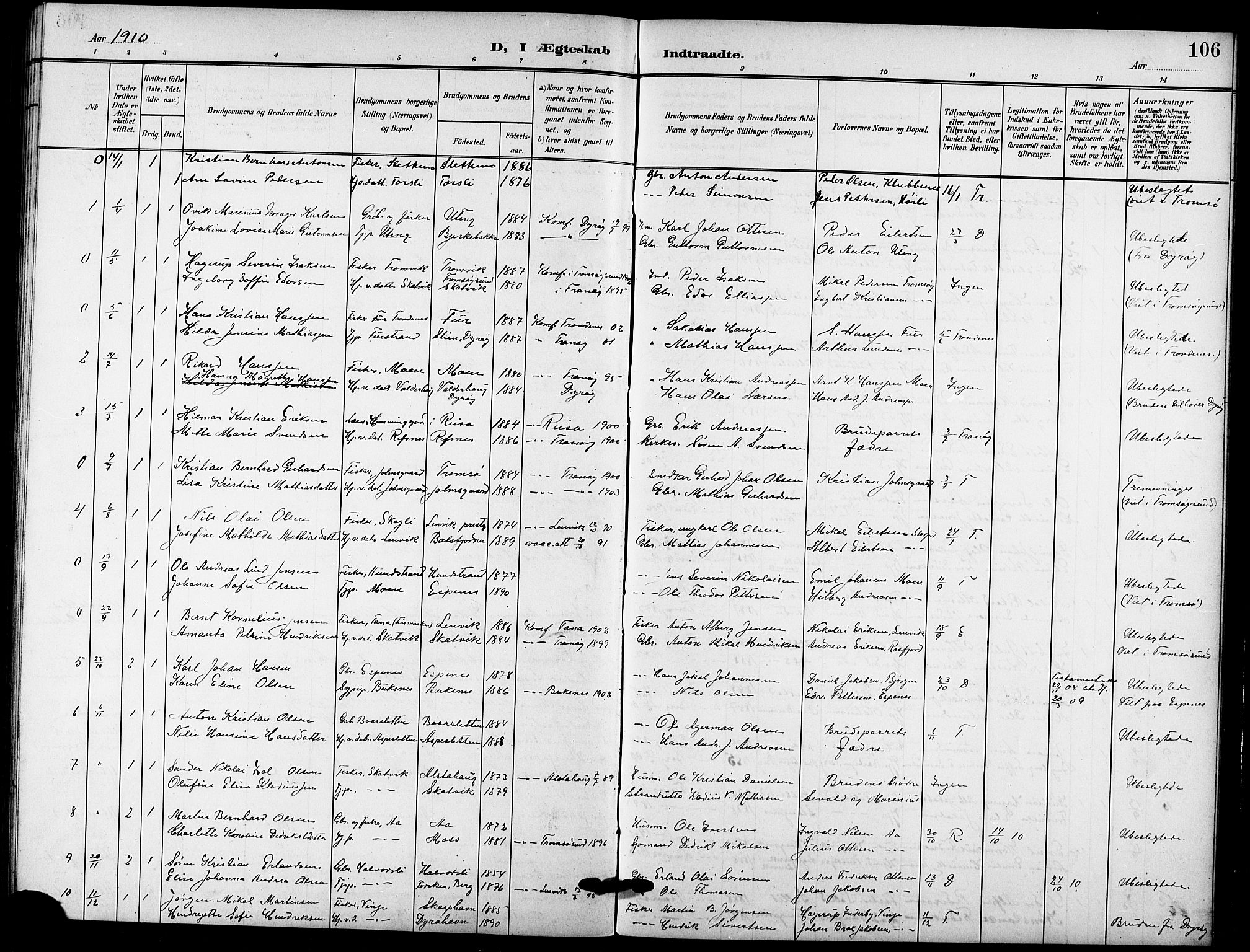 Tranøy sokneprestkontor, AV/SATØ-S-1313/I/Ia/Iab/L0005klokker: Parish register (copy) no. 5, 1902-1919, p. 106