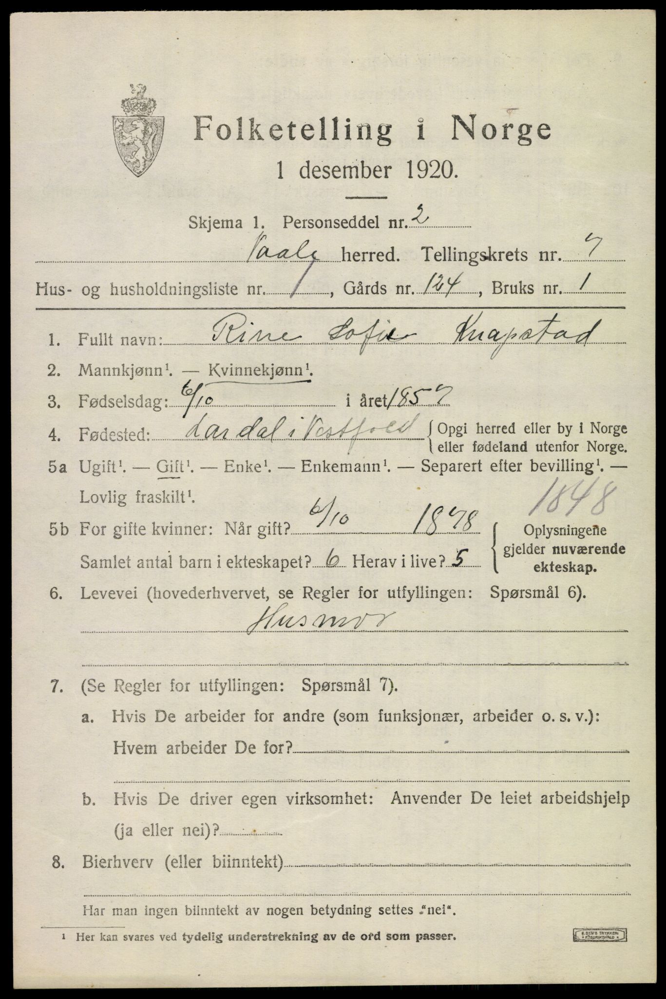 SAKO, 1920 census for Våle, 1920, p. 5502