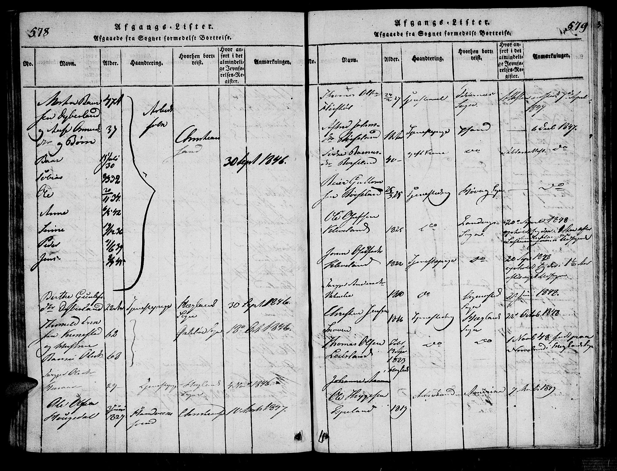 Bjelland sokneprestkontor, AV/SAK-1111-0005/F/Fa/Fab/L0002: Parish register (official) no. A 2, 1816-1869, p. 578-579