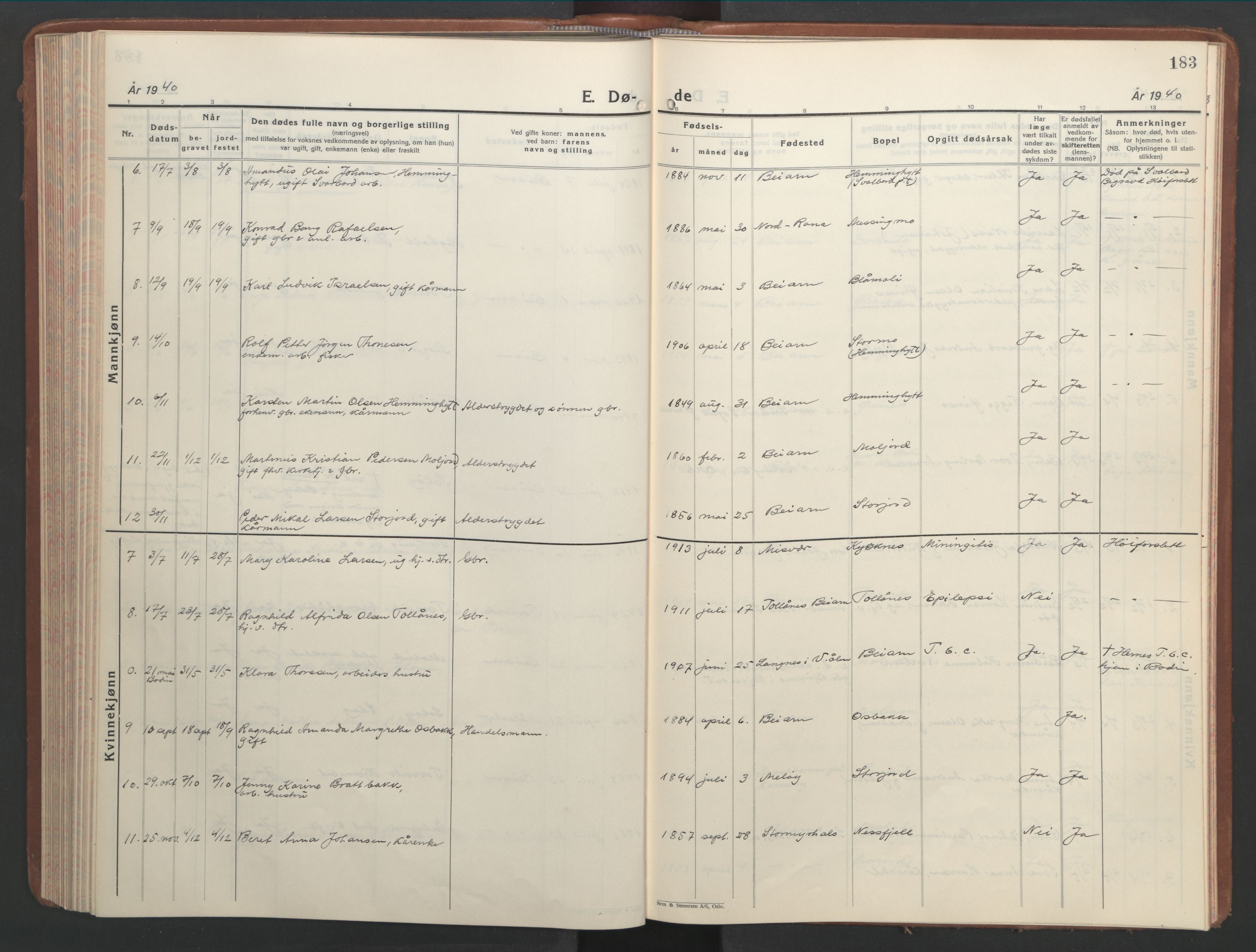 Ministerialprotokoller, klokkerbøker og fødselsregistre - Nordland, AV/SAT-A-1459/846/L0657: Parish register (copy) no. 846C07, 1936-1952, p. 183