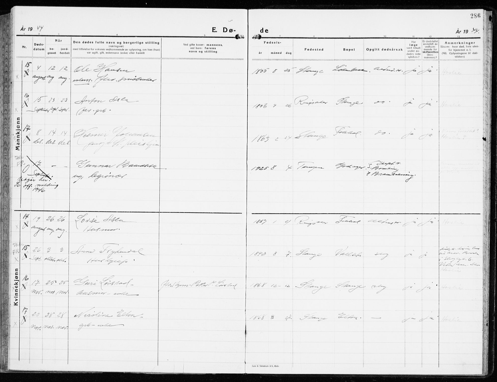 Stange prestekontor, SAH/PREST-002/K/L0027: Parish register (official) no. 27, 1937-1947, p. 286