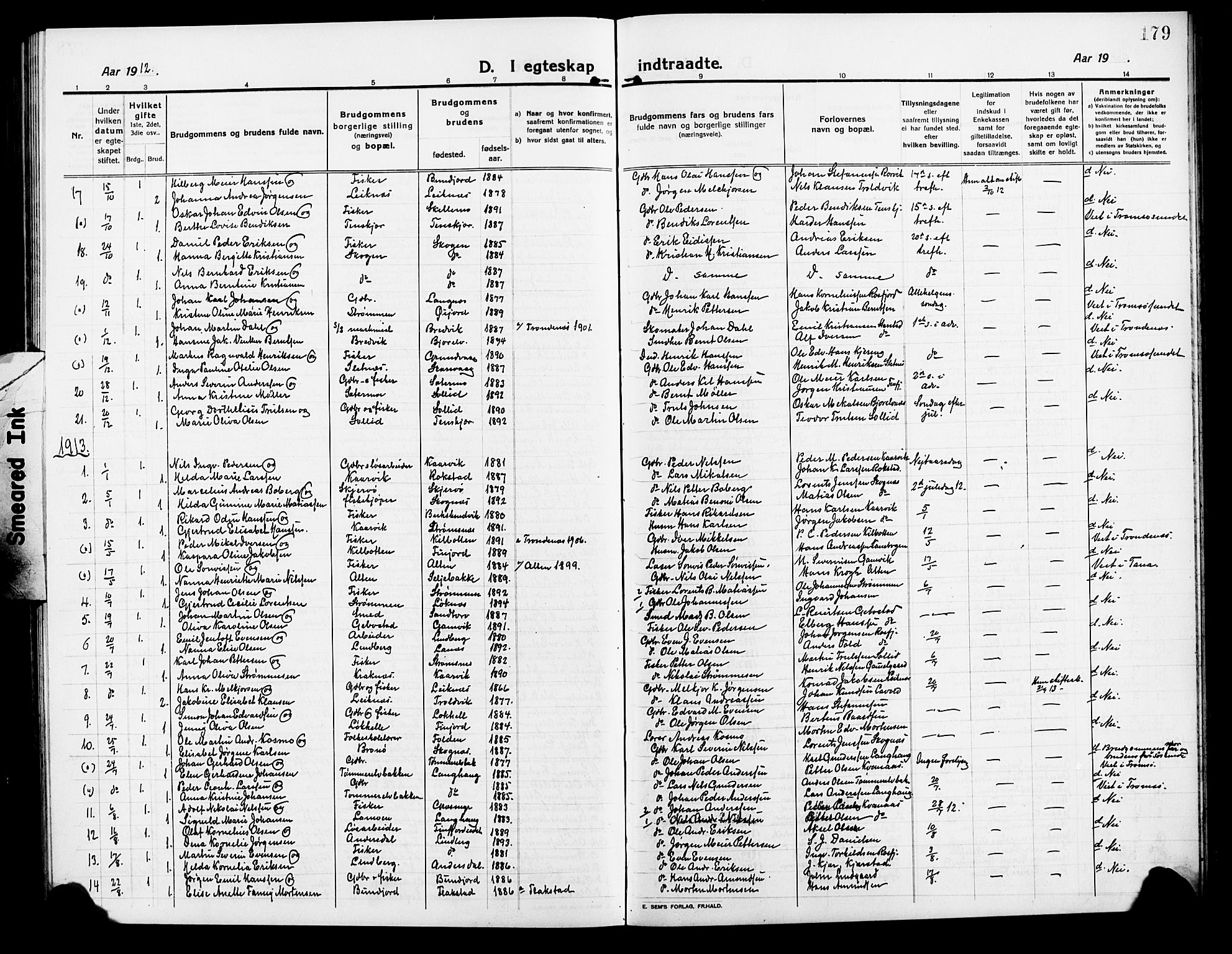 Lenvik sokneprestembete, AV/SATØ-S-1310/H/Ha/Hab/L0009klokker: Parish register (copy) no. 9, 1912-1926, p. 179