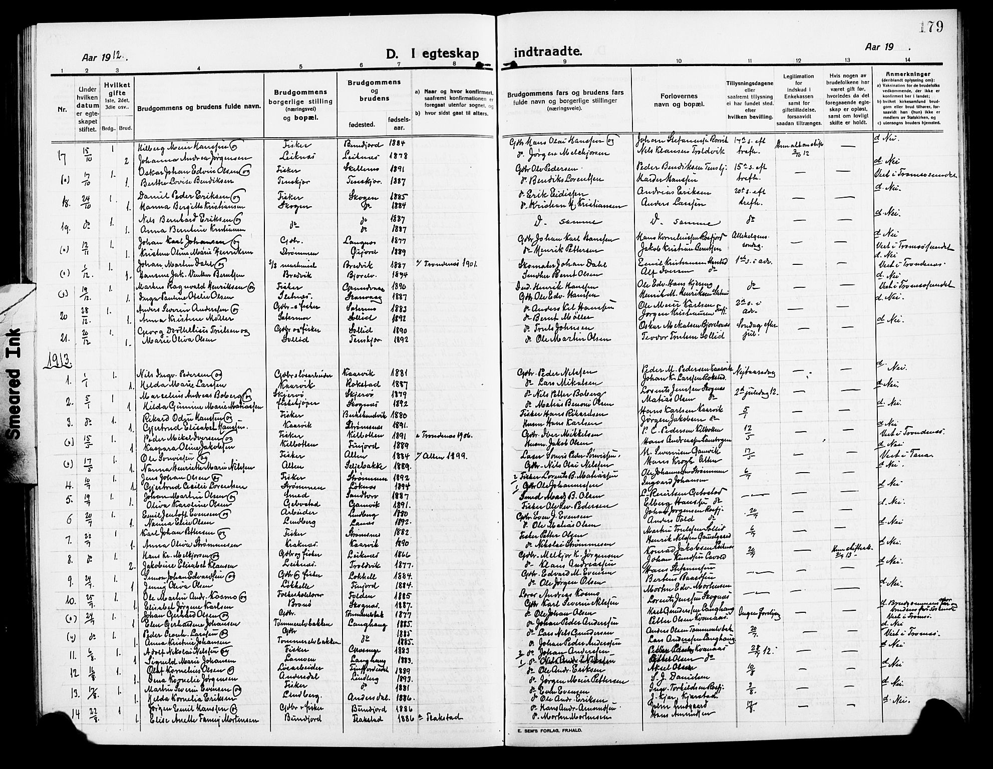 Lenvik sokneprestembete, SATØ/S-1310/H/Ha/Hab/L0009klokker: Parish register (copy) no. 9, 1912-1926, p. 179