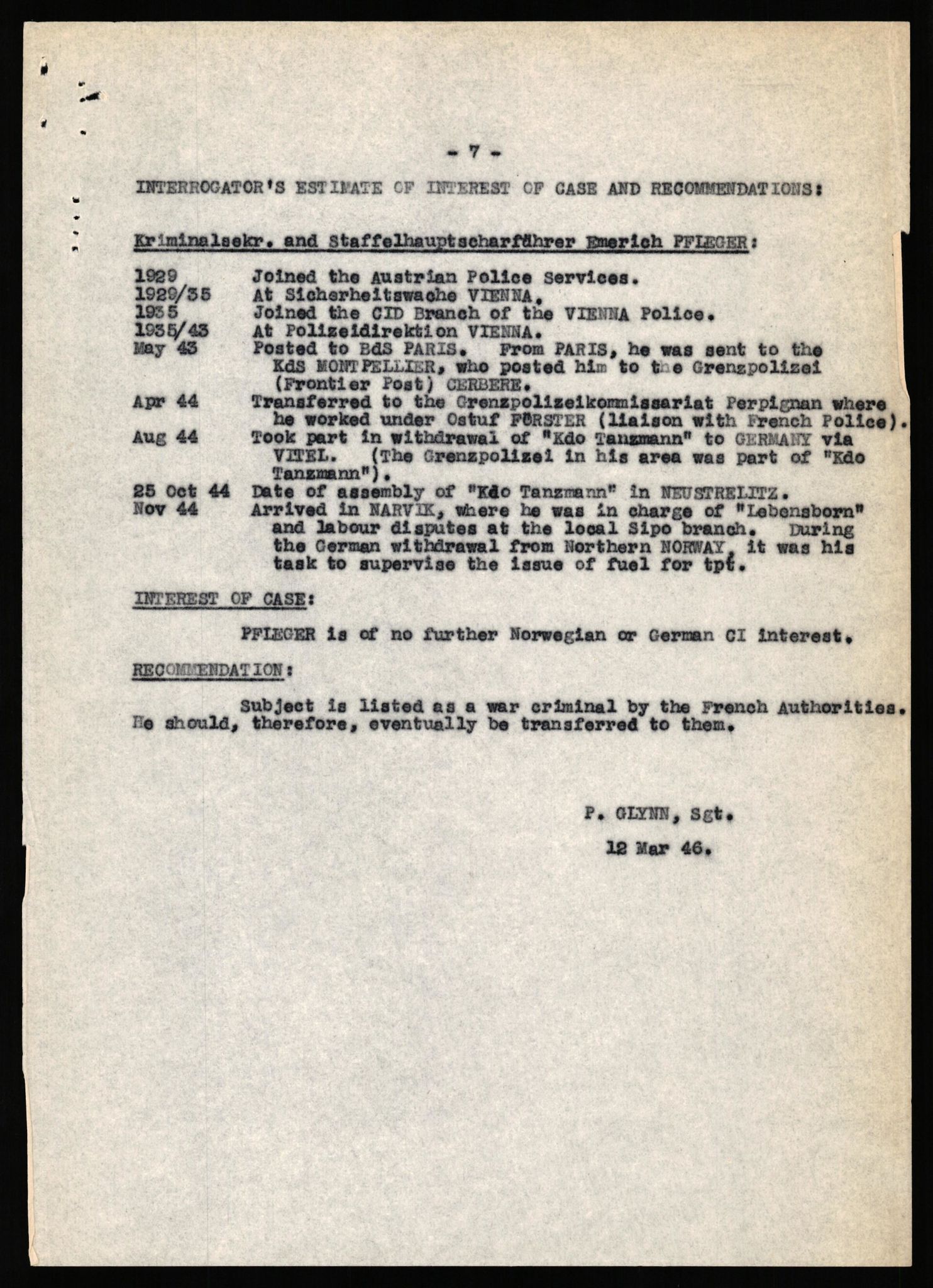 Forsvaret, Forsvarets overkommando II, AV/RA-RAFA-3915/D/Db/L0040: CI Questionaires. Tyske okkupasjonsstyrker i Norge. Østerrikere., 1945-1946, p. 34