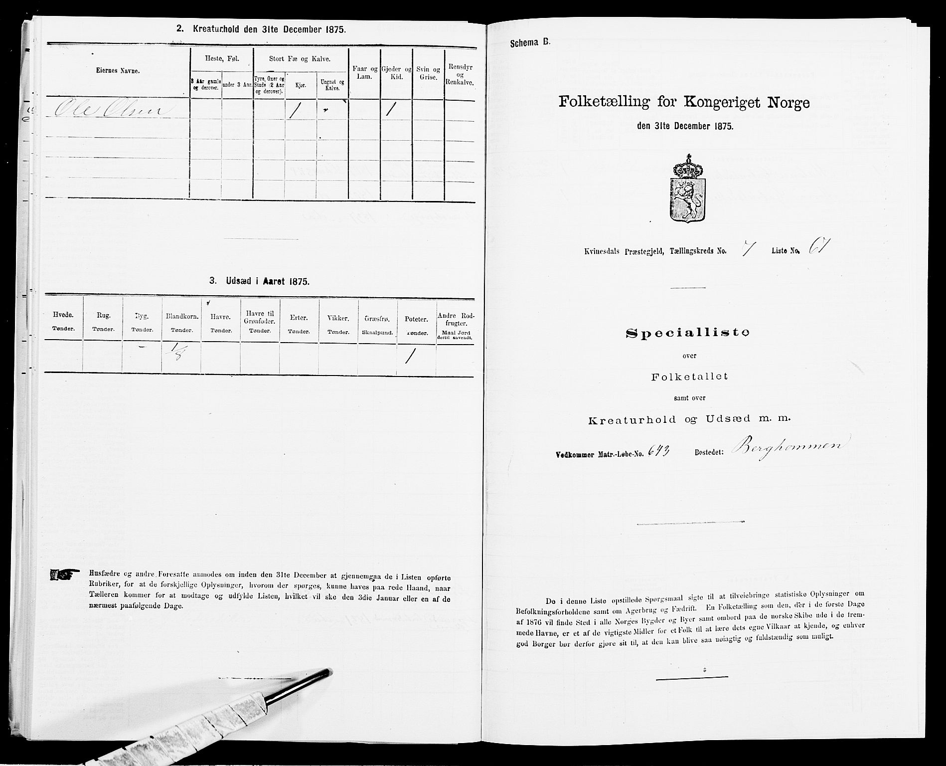 SAK, 1875 census for 1037P Kvinesdal, 1875, p. 1222