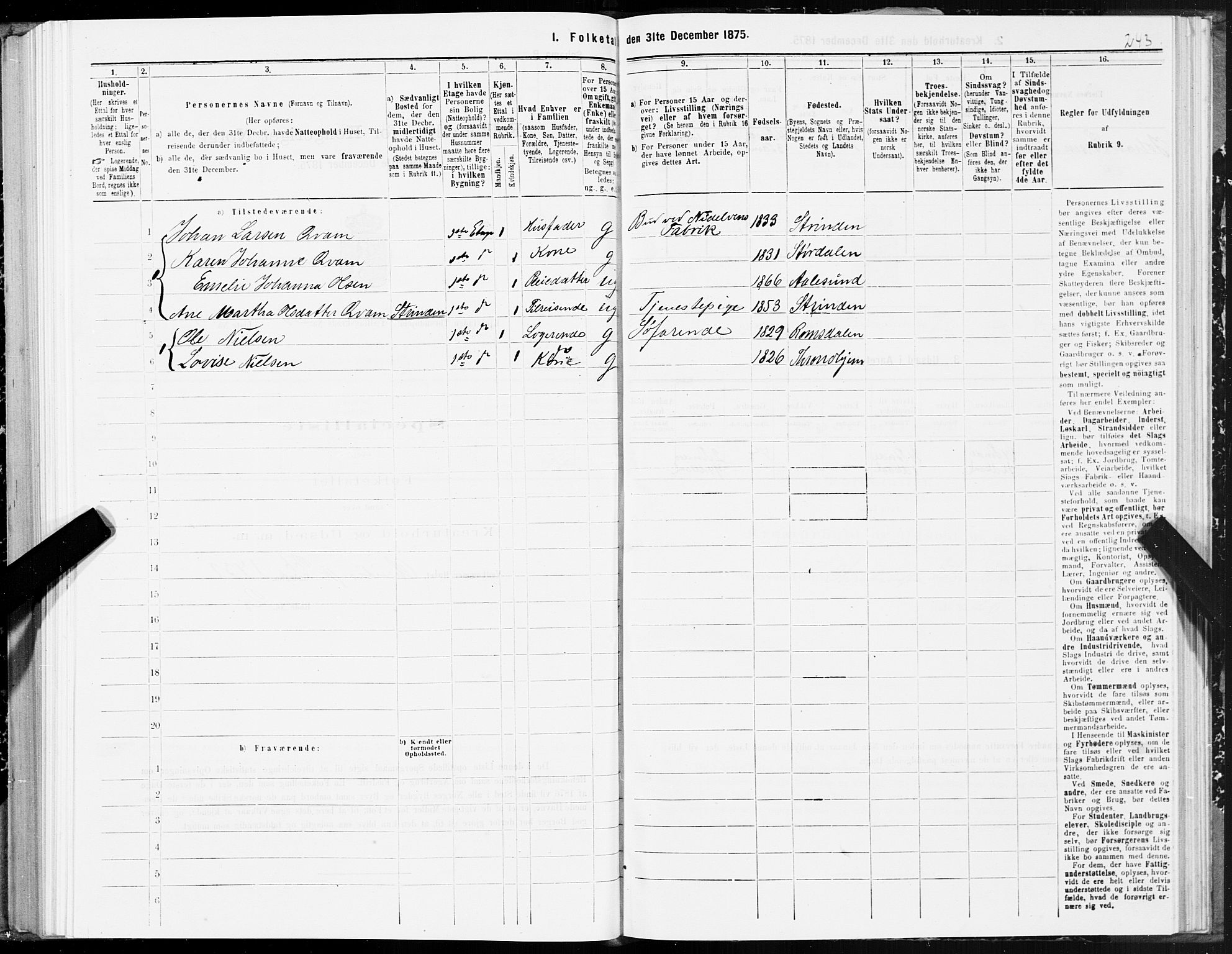 SAT, 1875 census for 1601 Trondheim, 1875, p. 10243