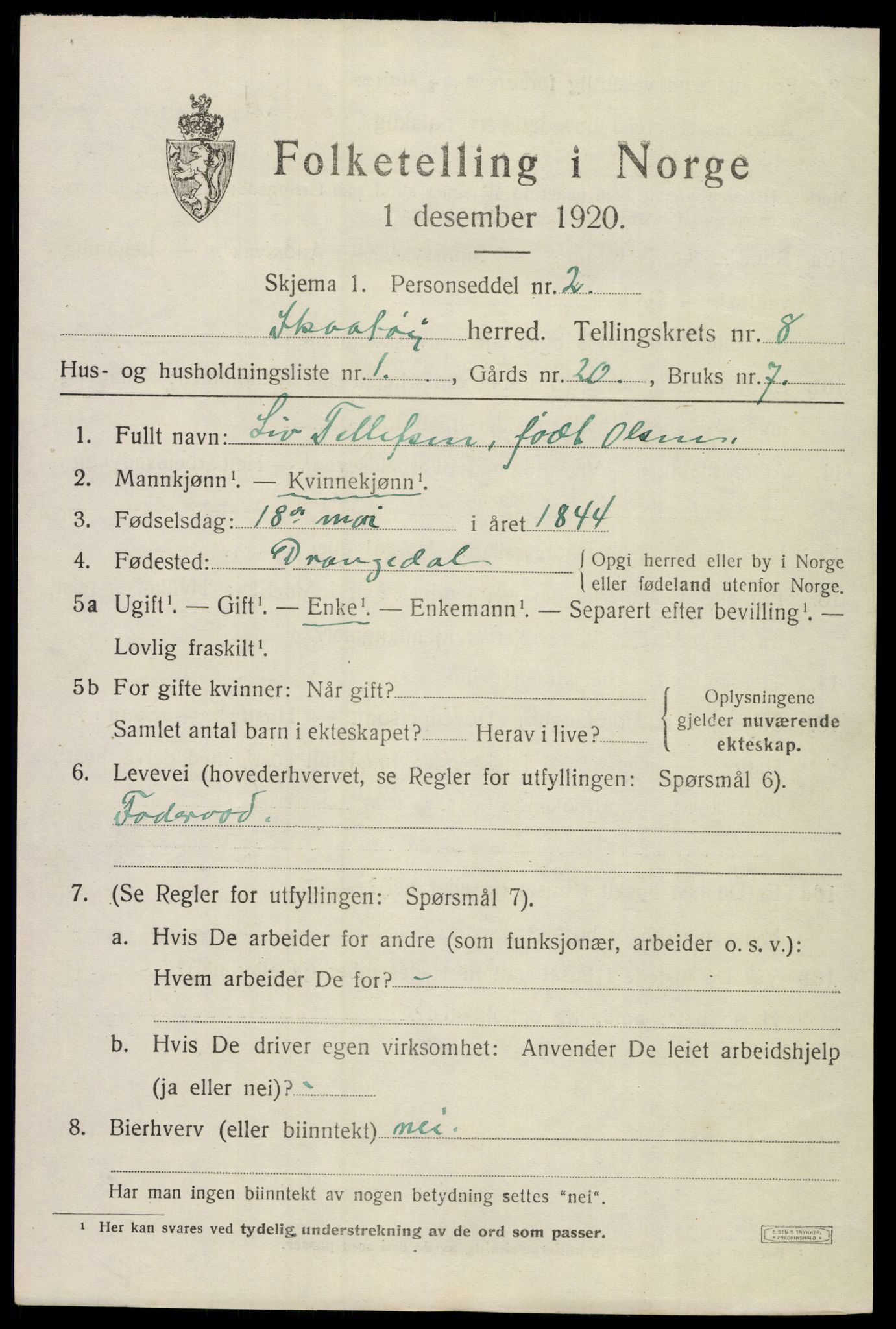 SAKO, 1920 census for Skåtøy, 1920, p. 5870