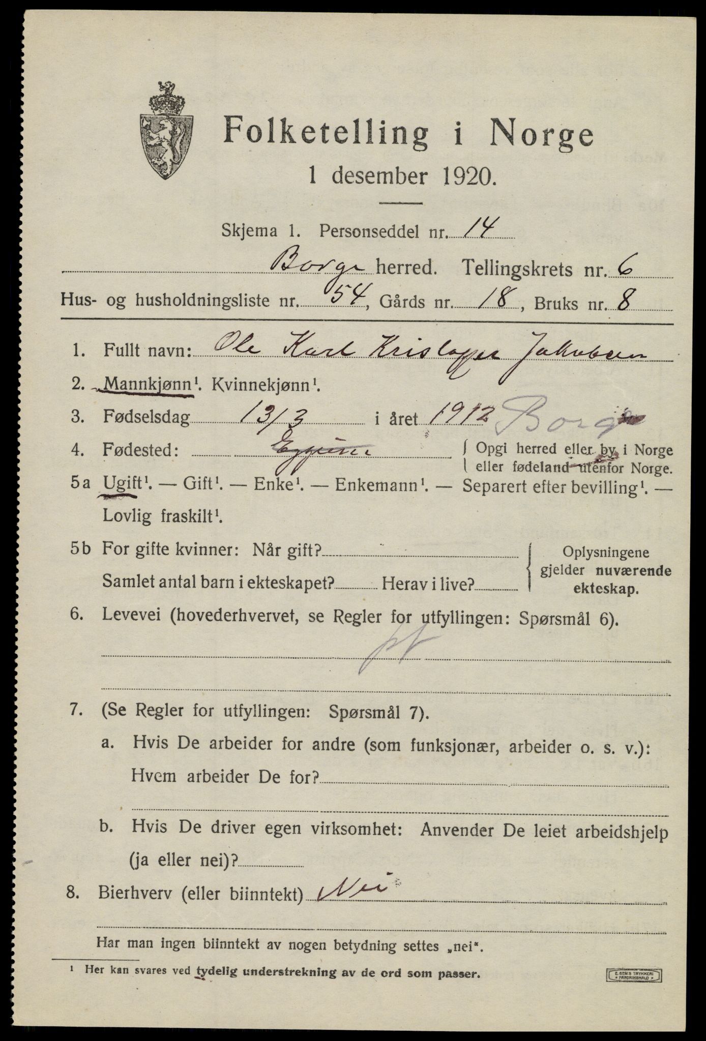 SAT, 1920 census for Borge, 1920, p. 6383