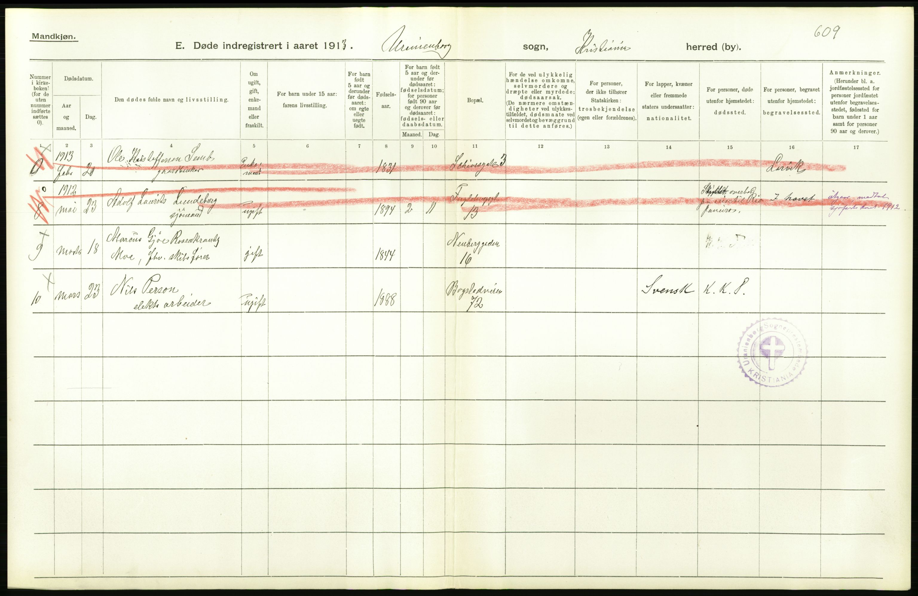 Statistisk sentralbyrå, Sosiodemografiske emner, Befolkning, AV/RA-S-2228/D/Df/Dfb/Dfbc/L0009: Kristiania: Døde., 1913, p. 464