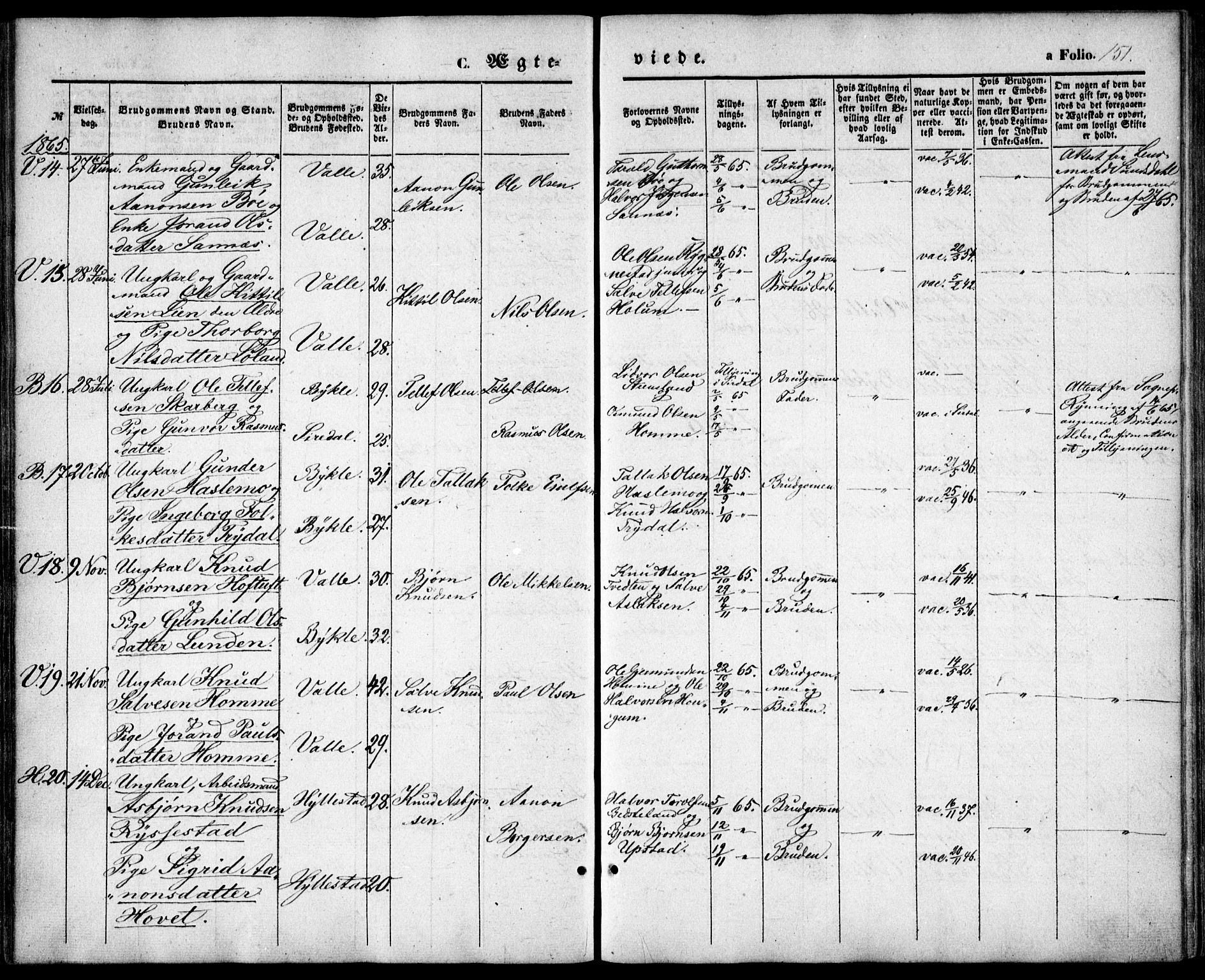 Valle sokneprestkontor, AV/SAK-1111-0044/F/Fa/Fac/L0007: Parish register (official) no. A 7, 1854-1868, p. 151