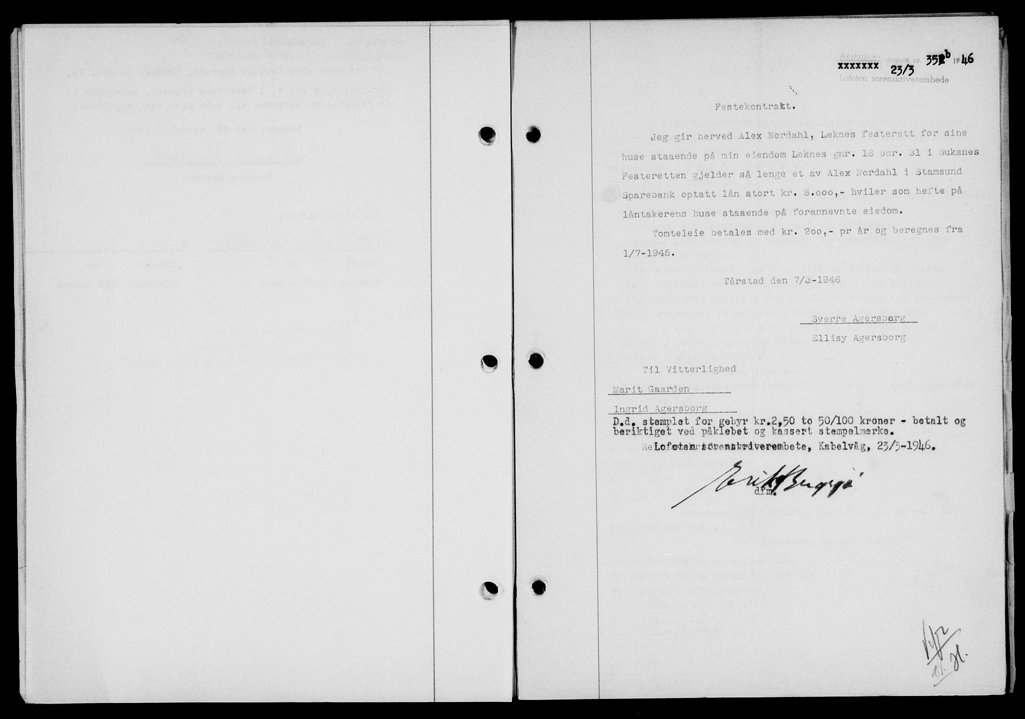 Lofoten sorenskriveri, SAT/A-0017/1/2/2C/L0013a: Mortgage book no. 13a, 1944-1946, Diary no: : 354/1946