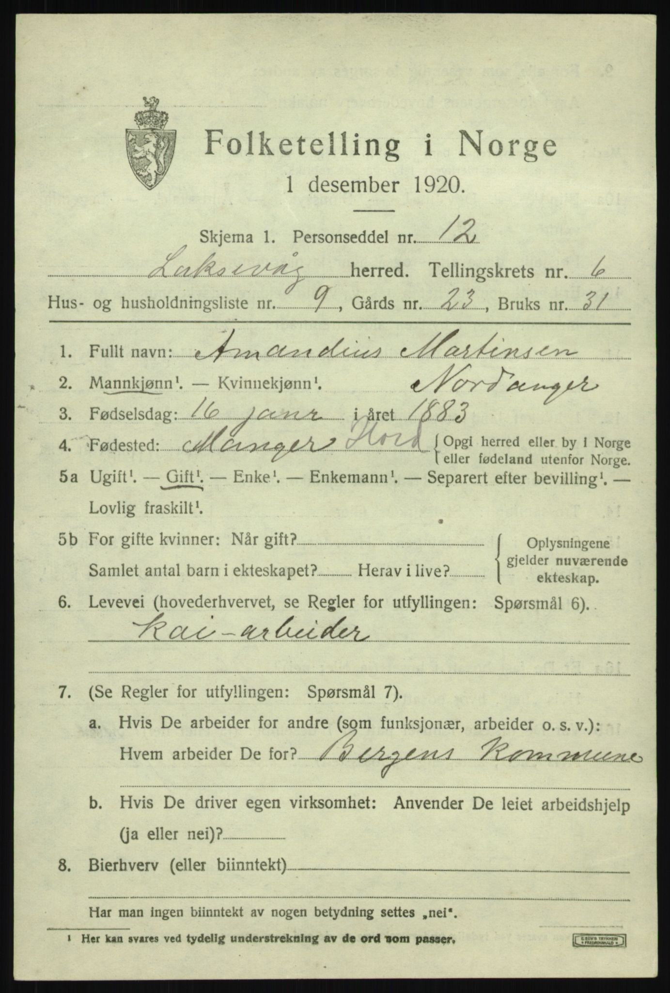 SAB, 1920 census for Laksevåg, 1920, p. 17270