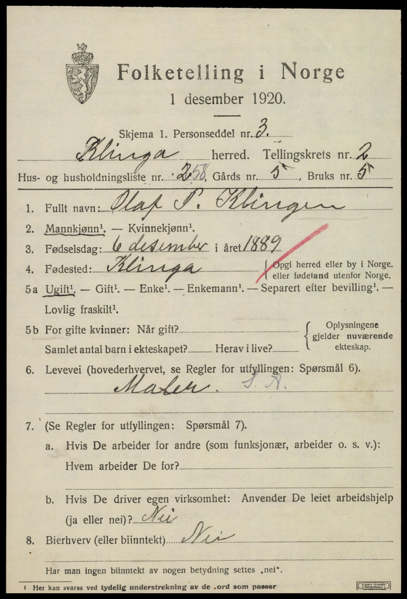 SAT, 1920 census for Klinga, 1920, p. 2061