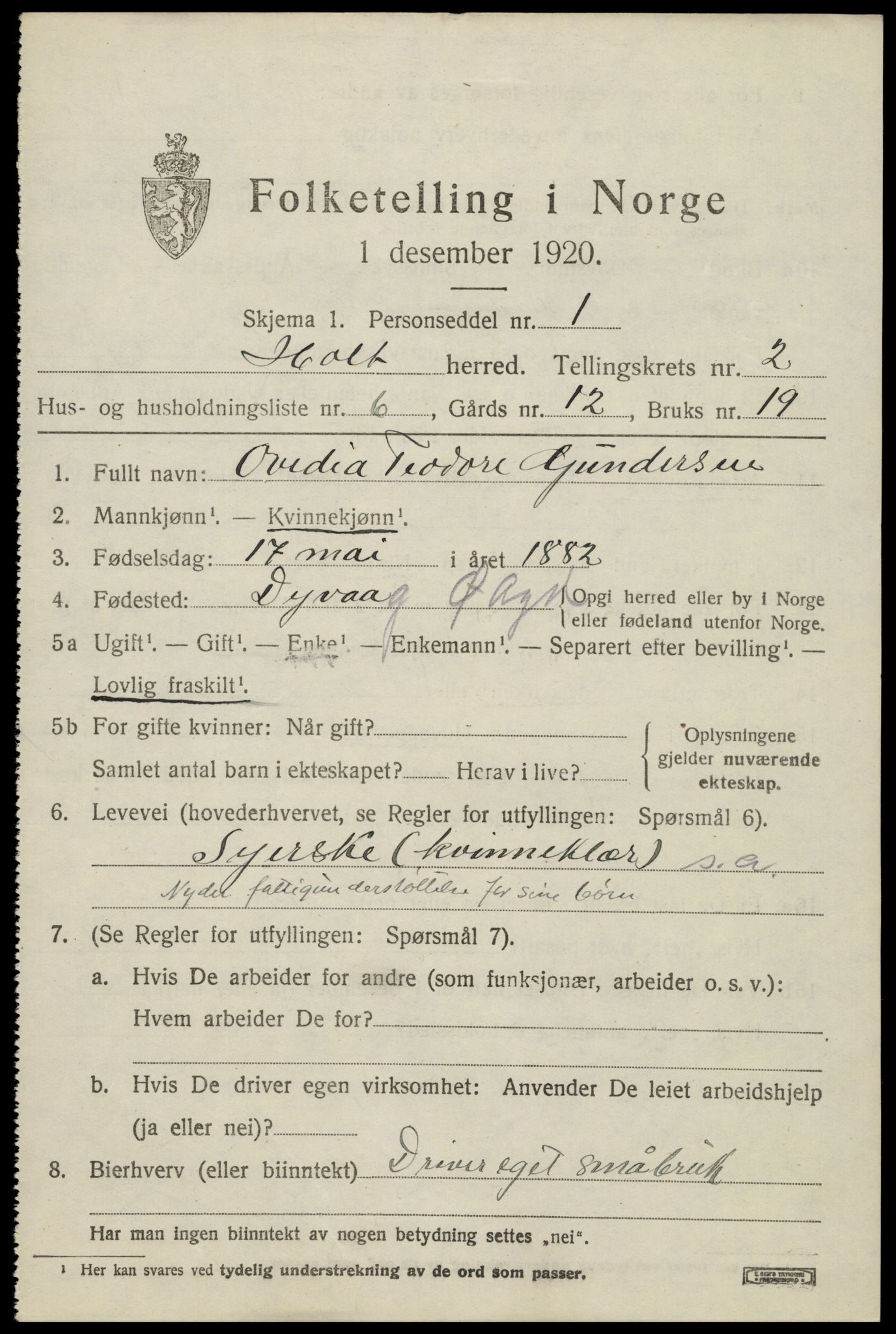 SAK, 1920 census for Holt, 1920, p. 2096
