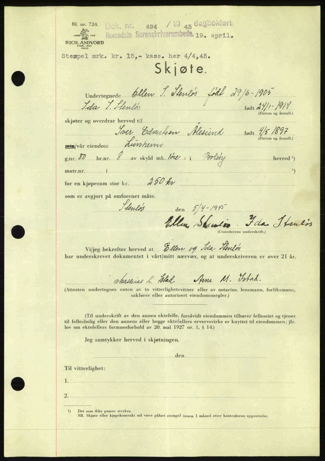 Romsdal sorenskriveri, AV/SAT-A-4149/1/2/2C: Mortgage book no. A17, 1944-1945, Diary no: : 494/1945