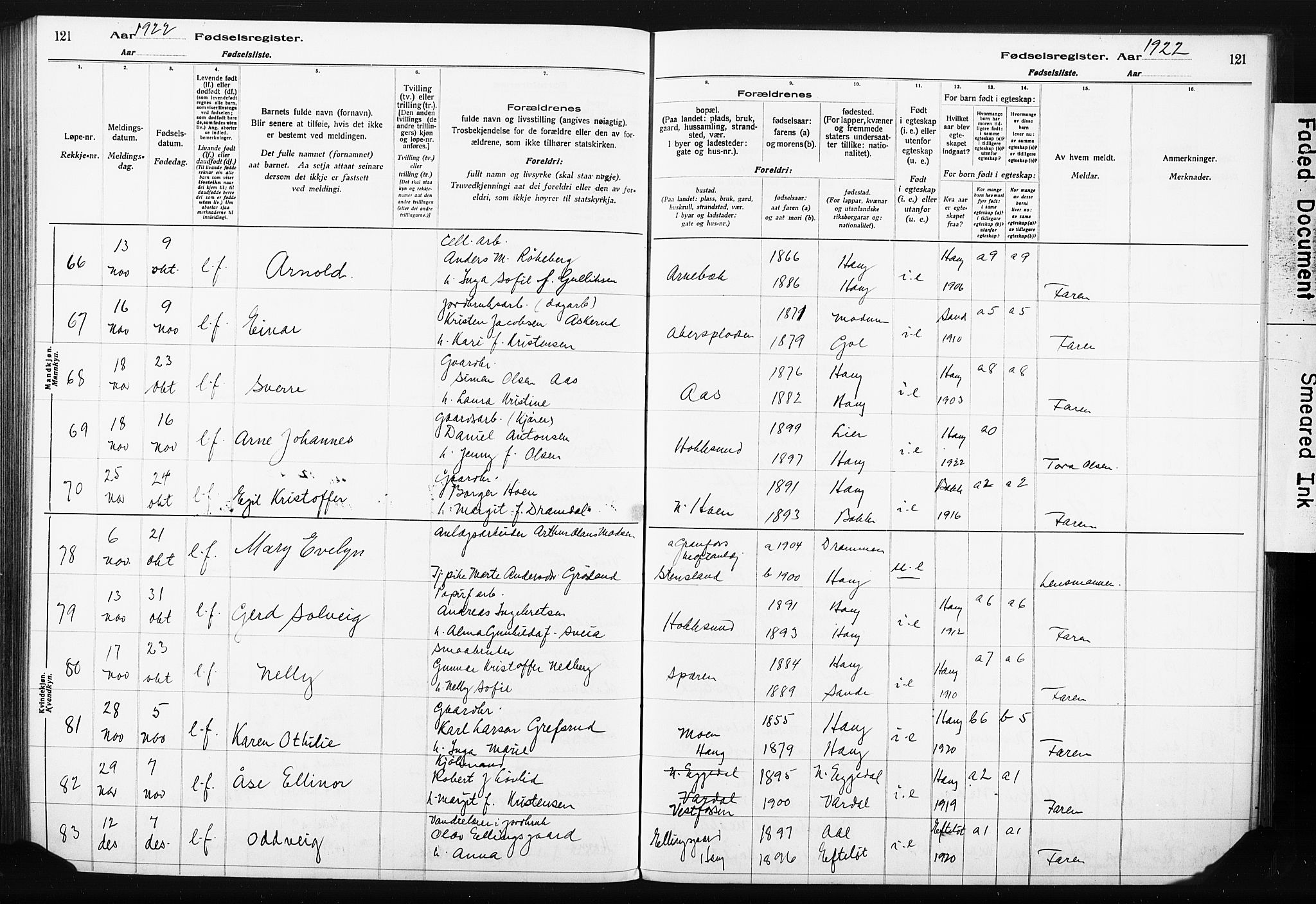 Eiker kirkebøker, AV/SAKO-A-4/J/Ja/L0001: Birth register no. I 1, 1916-1927, p. 121