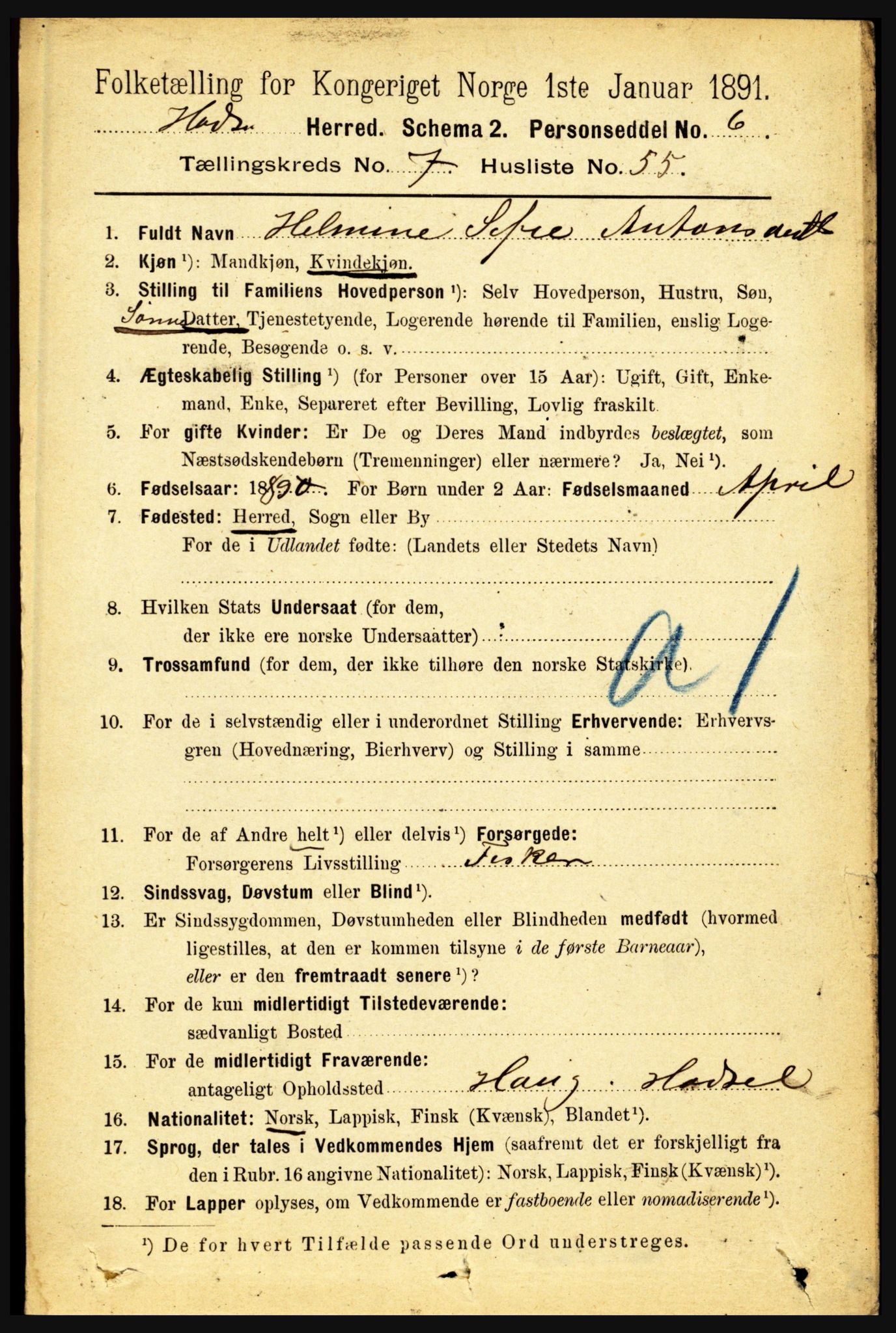 RA, 1891 census for 1866 Hadsel, 1891, p. 3529