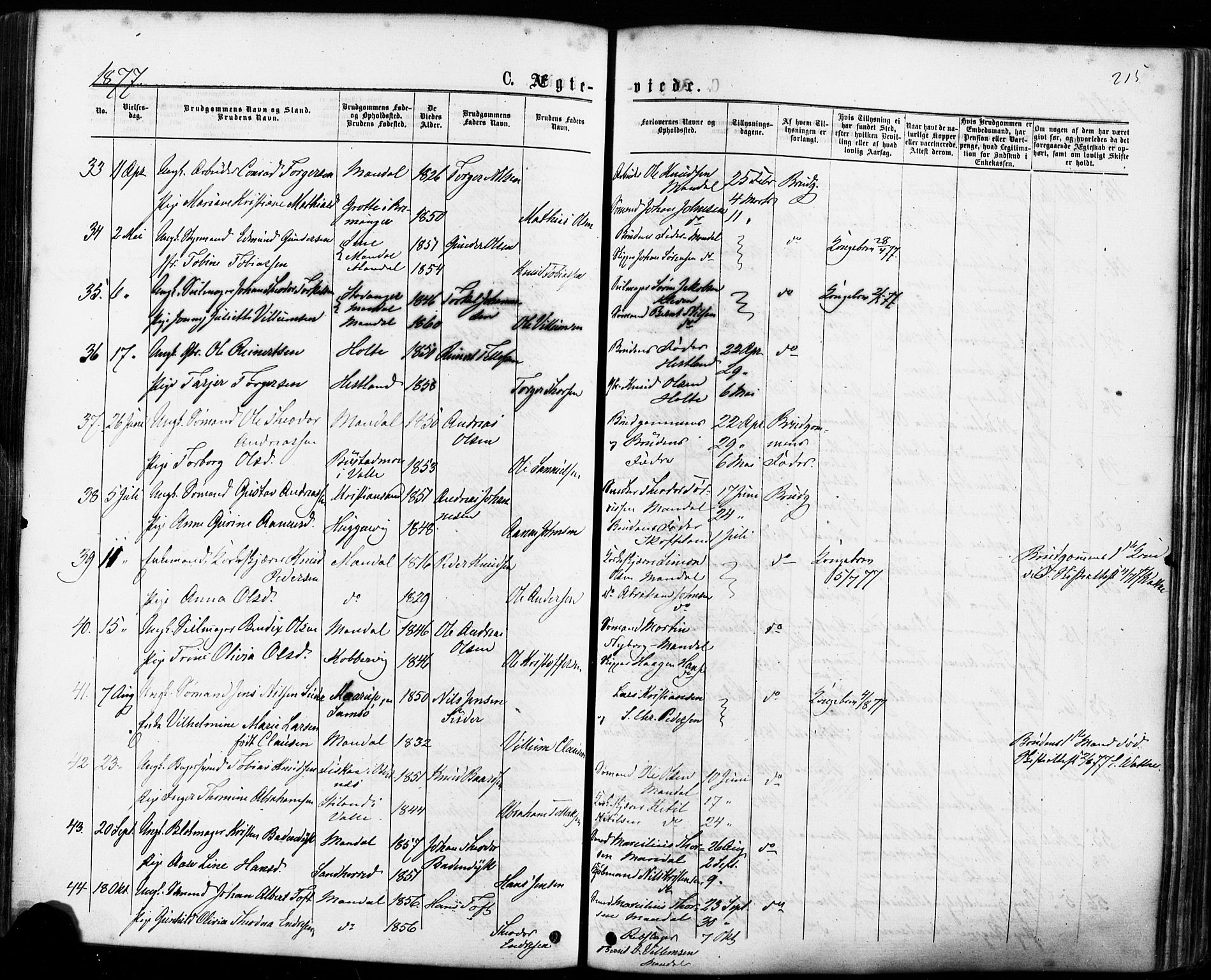 Mandal sokneprestkontor, AV/SAK-1111-0030/F/Fa/Faa/L0015: Parish register (official) no. A 15, 1873-1879, p. 215