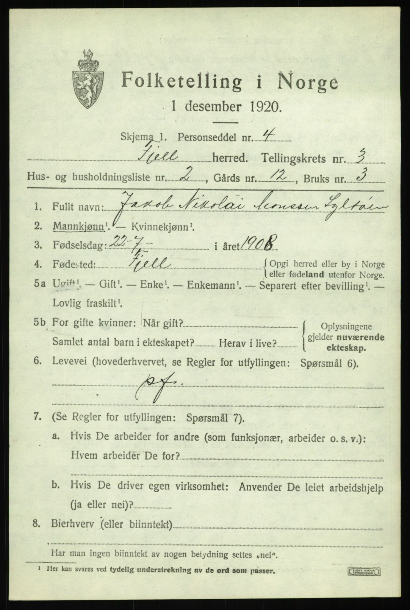 SAB, 1920 census for Fjell, 1920, p. 2976