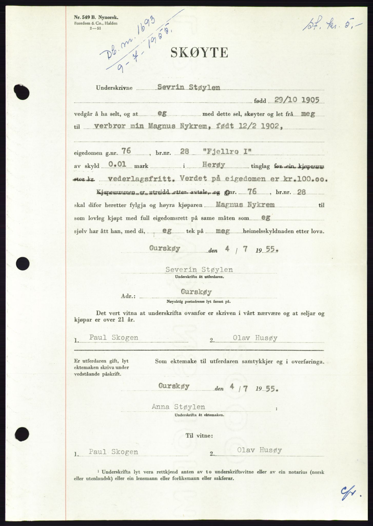 Søre Sunnmøre sorenskriveri, AV/SAT-A-4122/1/2/2C/L0101: Mortgage book no. 27A, 1955-1955, Diary no: : 1693/1955