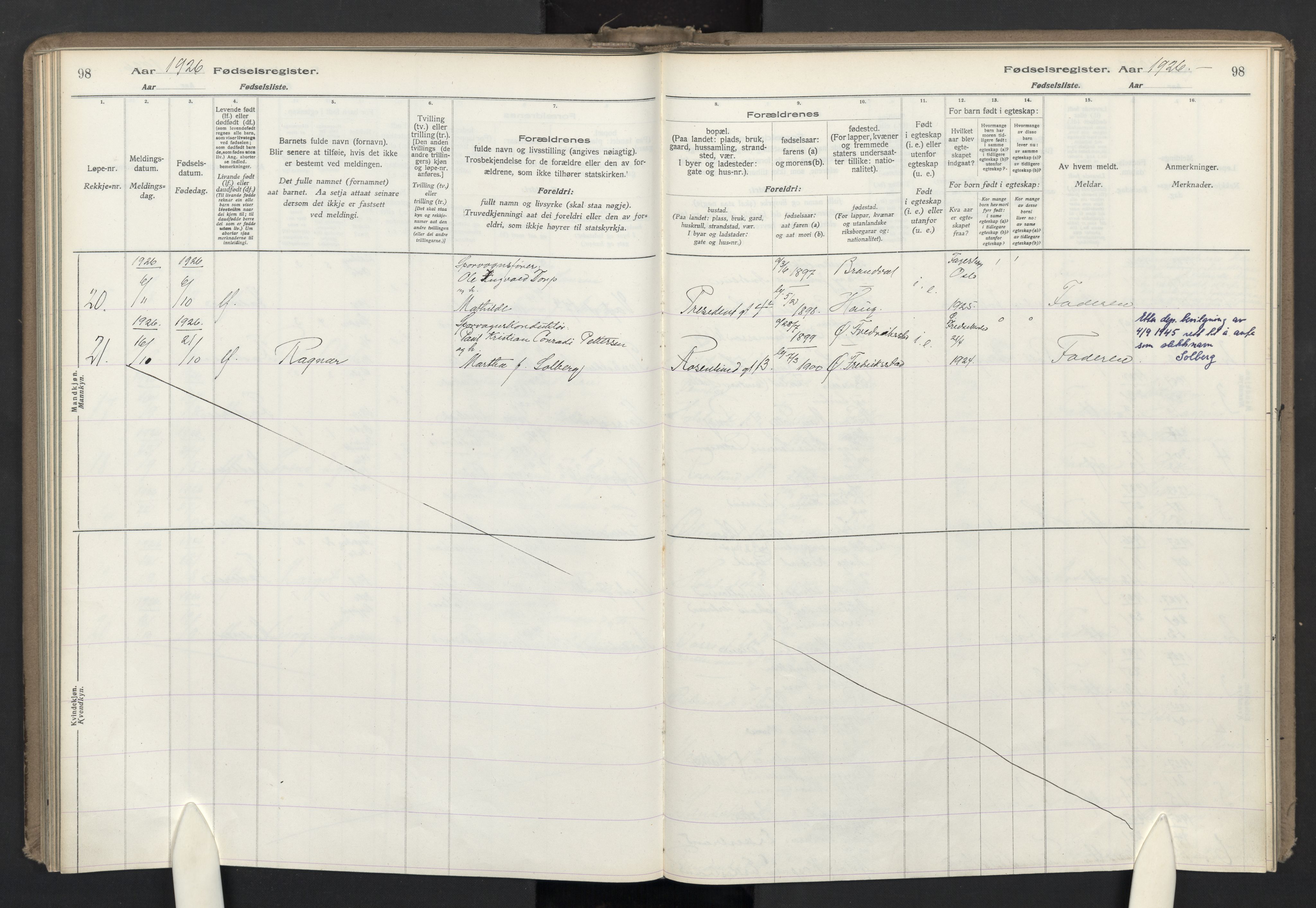 Lilleborg prestekontor Kirkebøker, AV/SAO-A-10343a/J/L0001: Birth register no. 1, 1917-1944, p. 98