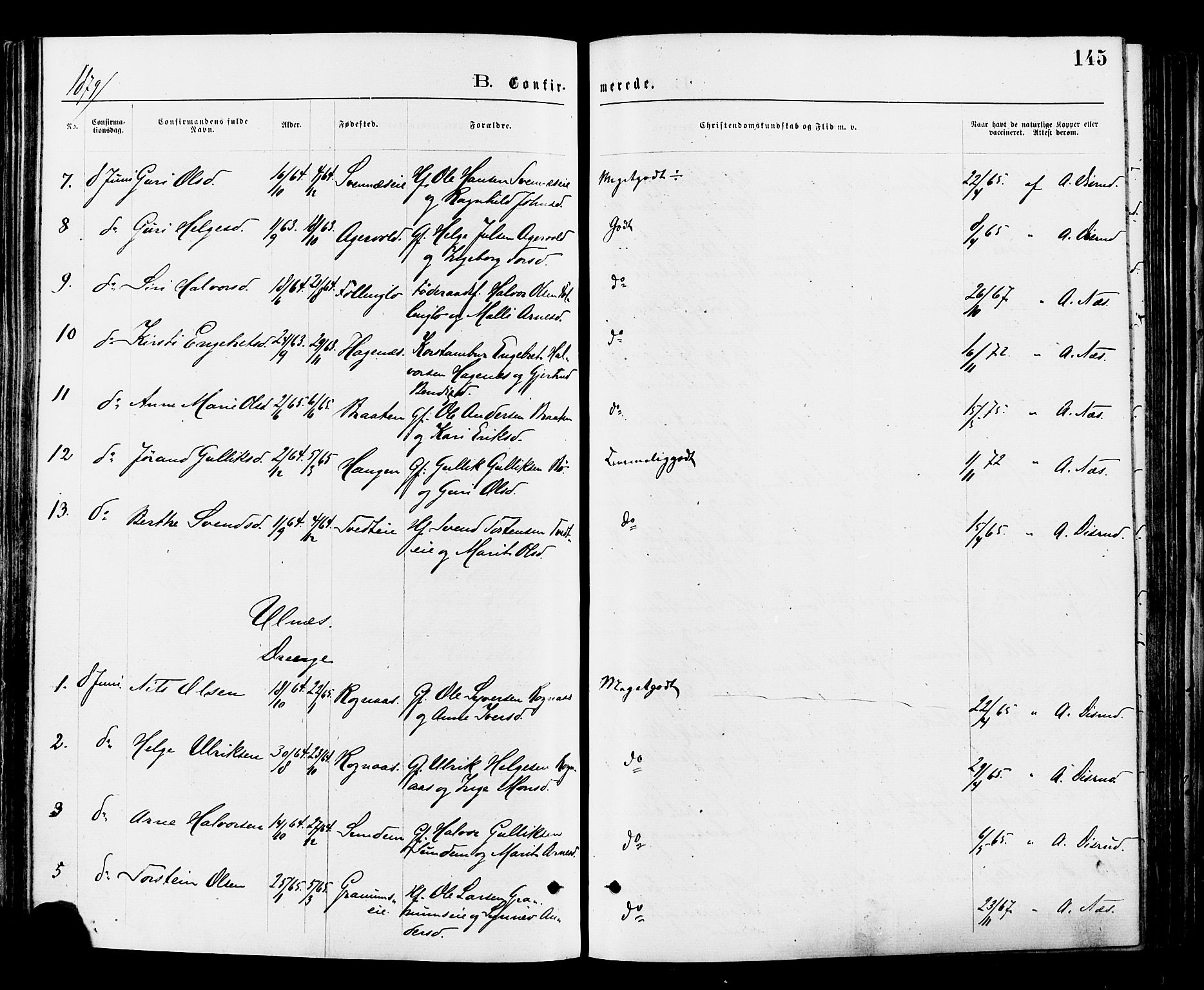 Nord-Aurdal prestekontor, AV/SAH-PREST-132/H/Ha/Haa/L0009: Parish register (official) no. 9, 1876-1882, p. 145