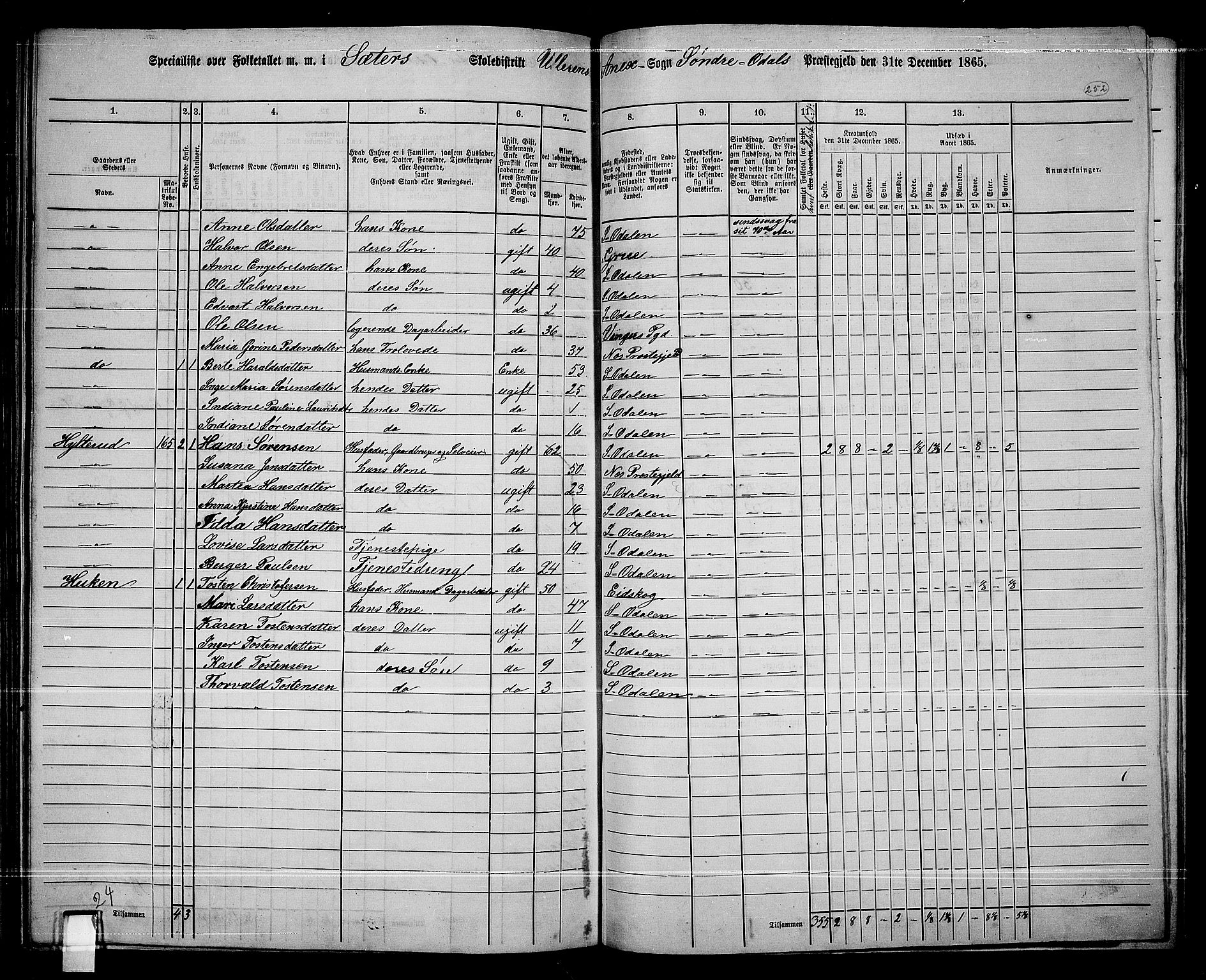 RA, 1865 census for Sør-Odal, 1865, p. 222