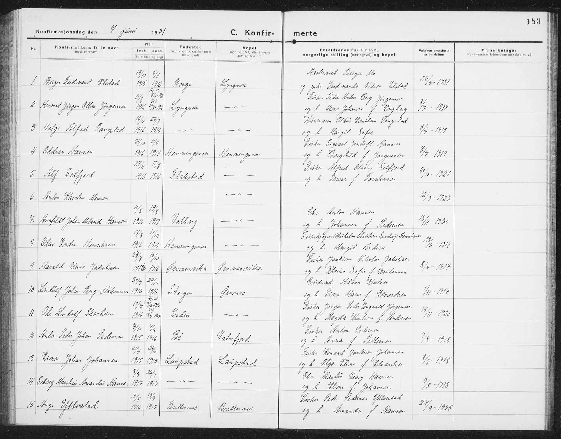 Ministerialprotokoller, klokkerbøker og fødselsregistre - Nordland, AV/SAT-A-1459/874/L1081: Parish register (copy) no. 874C10, 1925-1941, p. 183