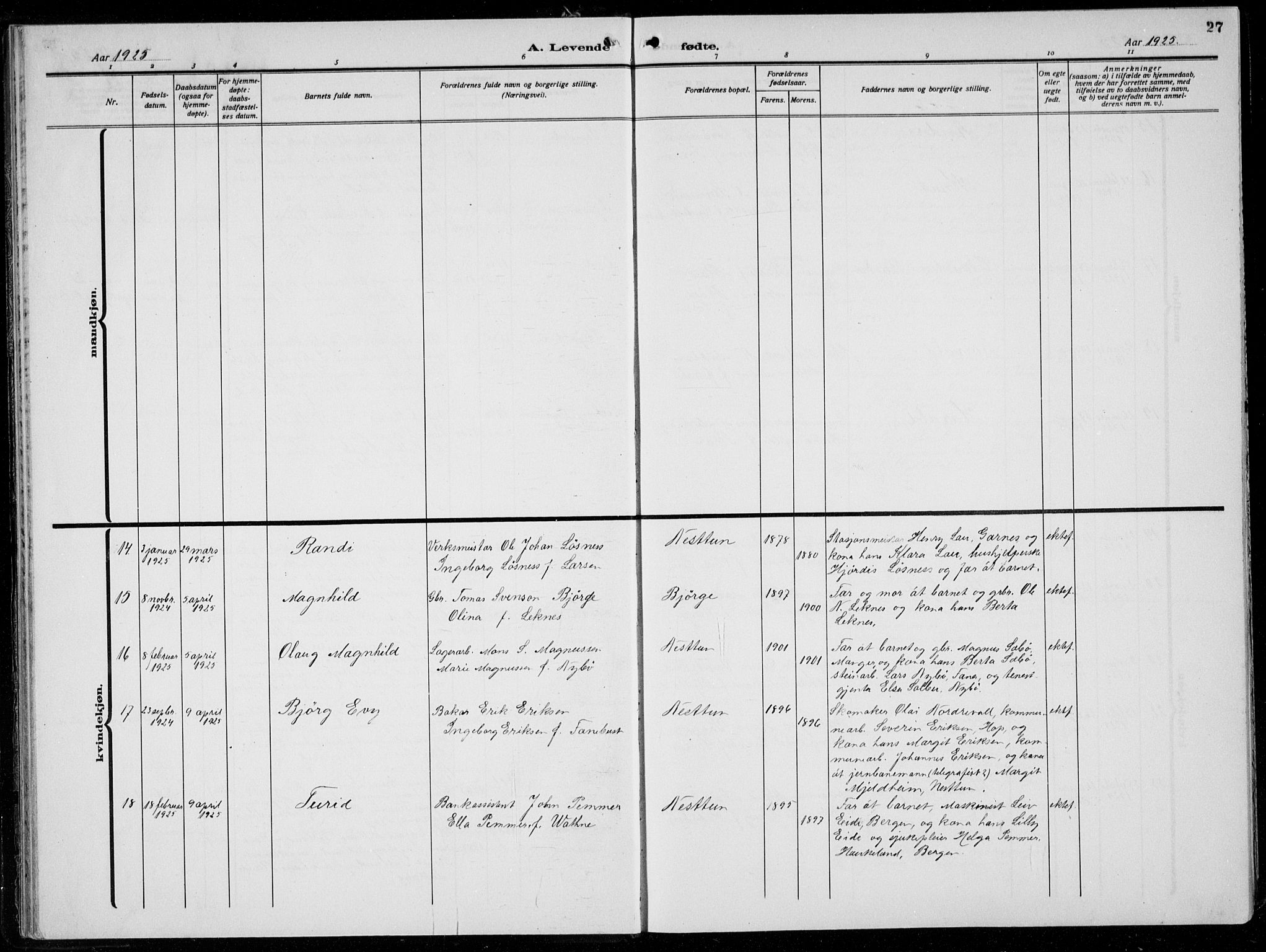 Birkeland Sokneprestembete, AV/SAB-A-74601/H/Hab: Parish register (copy) no. A  8, 1923-1933, p. 27
