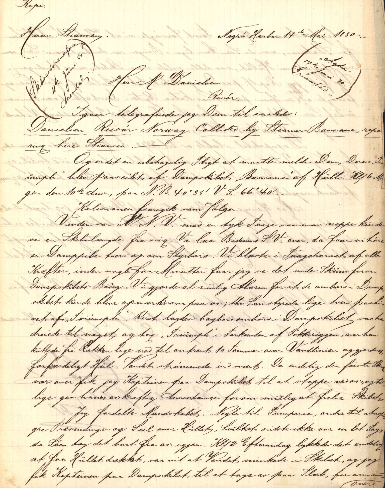 Pa 63 - Østlandske skibsassuranceforening, VEMU/A-1079/G/Ga/L0012/0001: Havaridokumenter / Triumph, 1880
