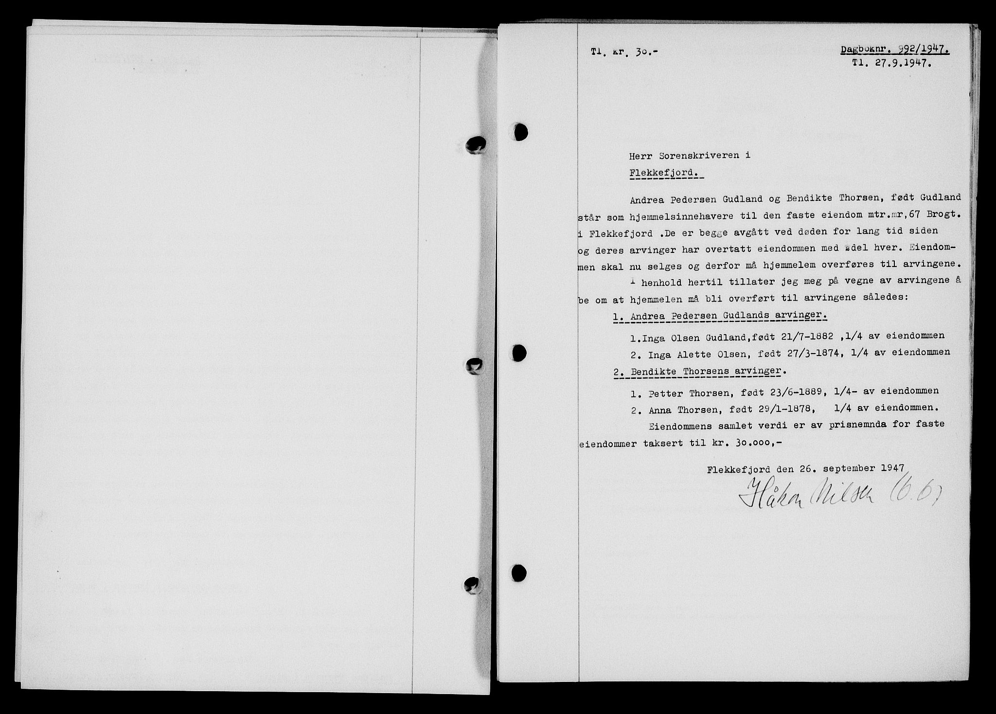 Flekkefjord sorenskriveri, SAK/1221-0001/G/Gb/Gba/L0062: Mortgage book no. A-10, 1947-1947, Diary no: : 992/1947